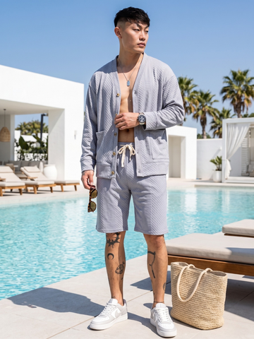 Unisex Grey Textured Cardigan Style T-Shirt & Shorts Co-ord Set