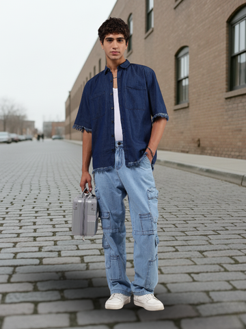 Navy Blue Raw Edge Oversized Box-Fit Spread Collar Premium Denim Shirt