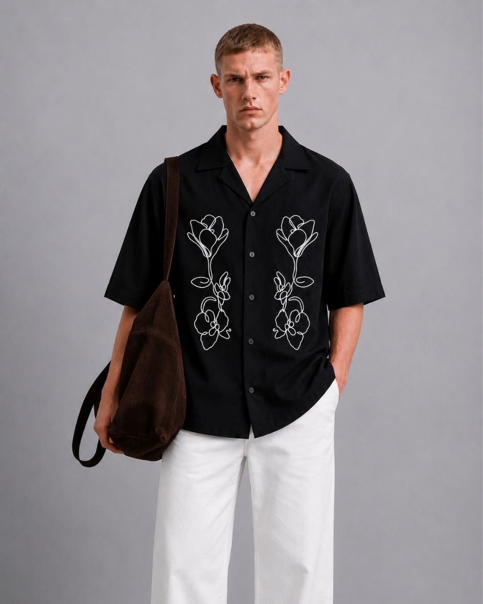 Black Embroidered Relaxed Fit Oversized Half Sleeve Casual Resort Shirt