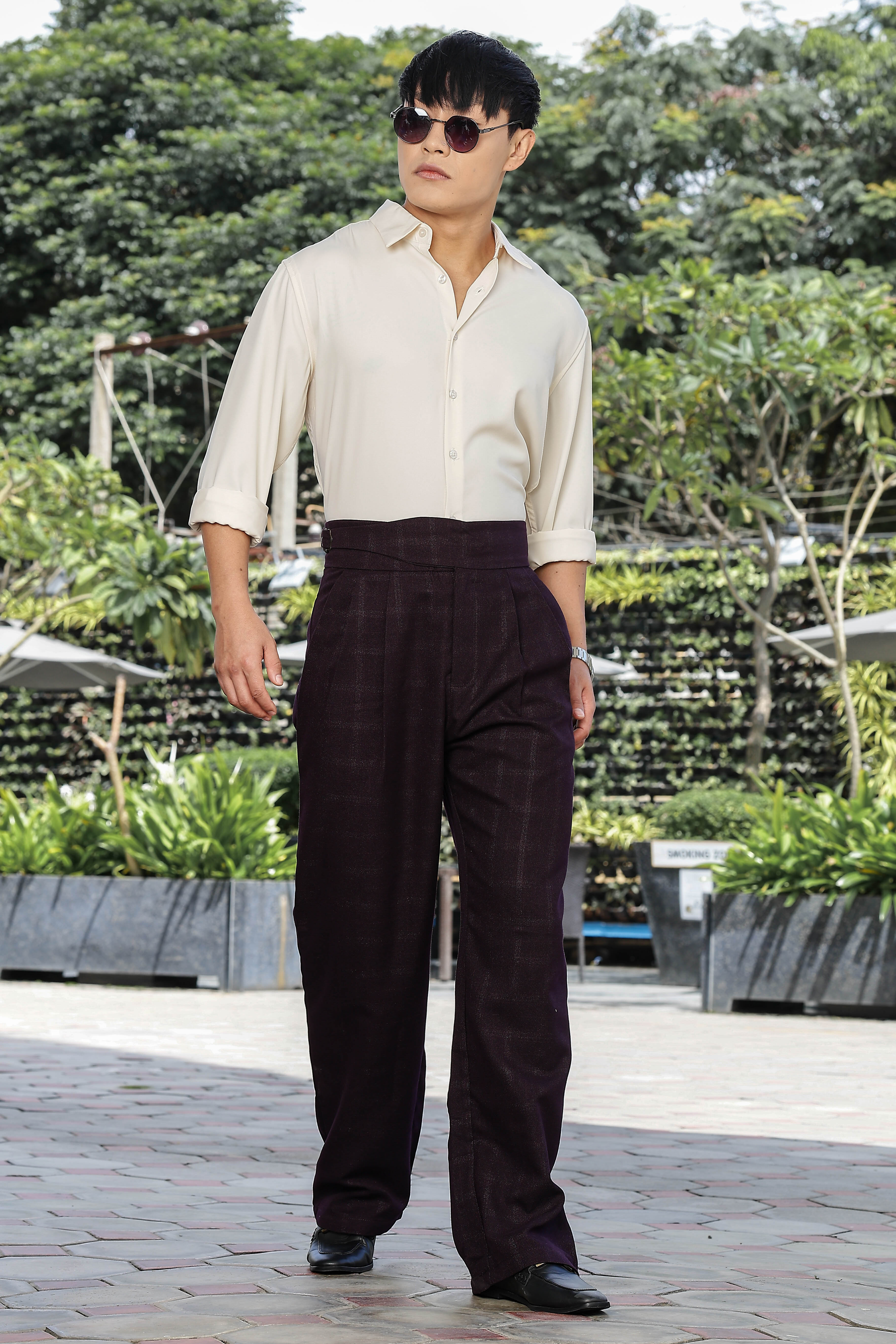 Wine Premium Tweed Blend  Gurkha Trousers with Double Pleated Front