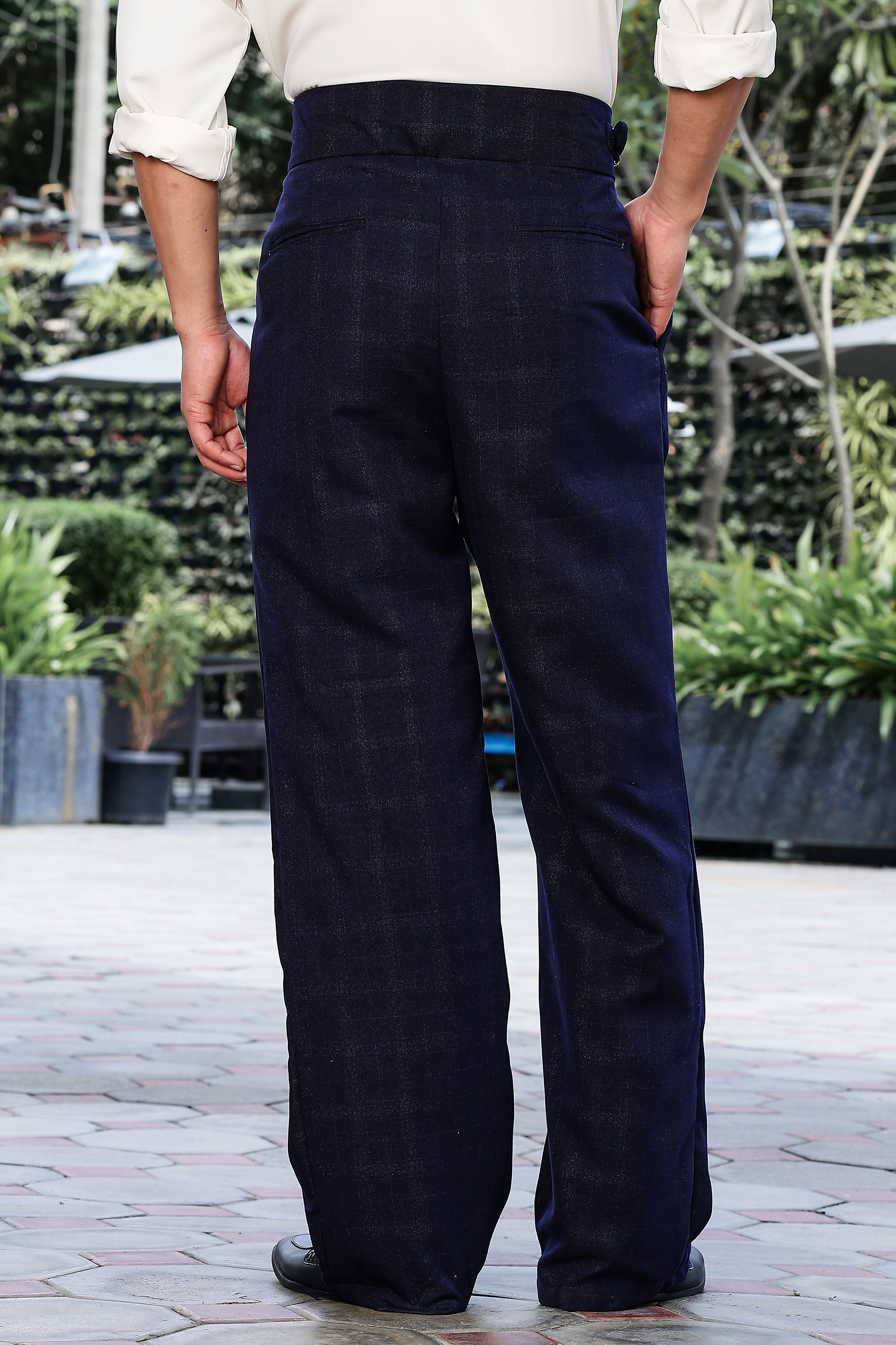 Navy Premium Tweed Blend Gurkha Trousers with Double Pleated Front
