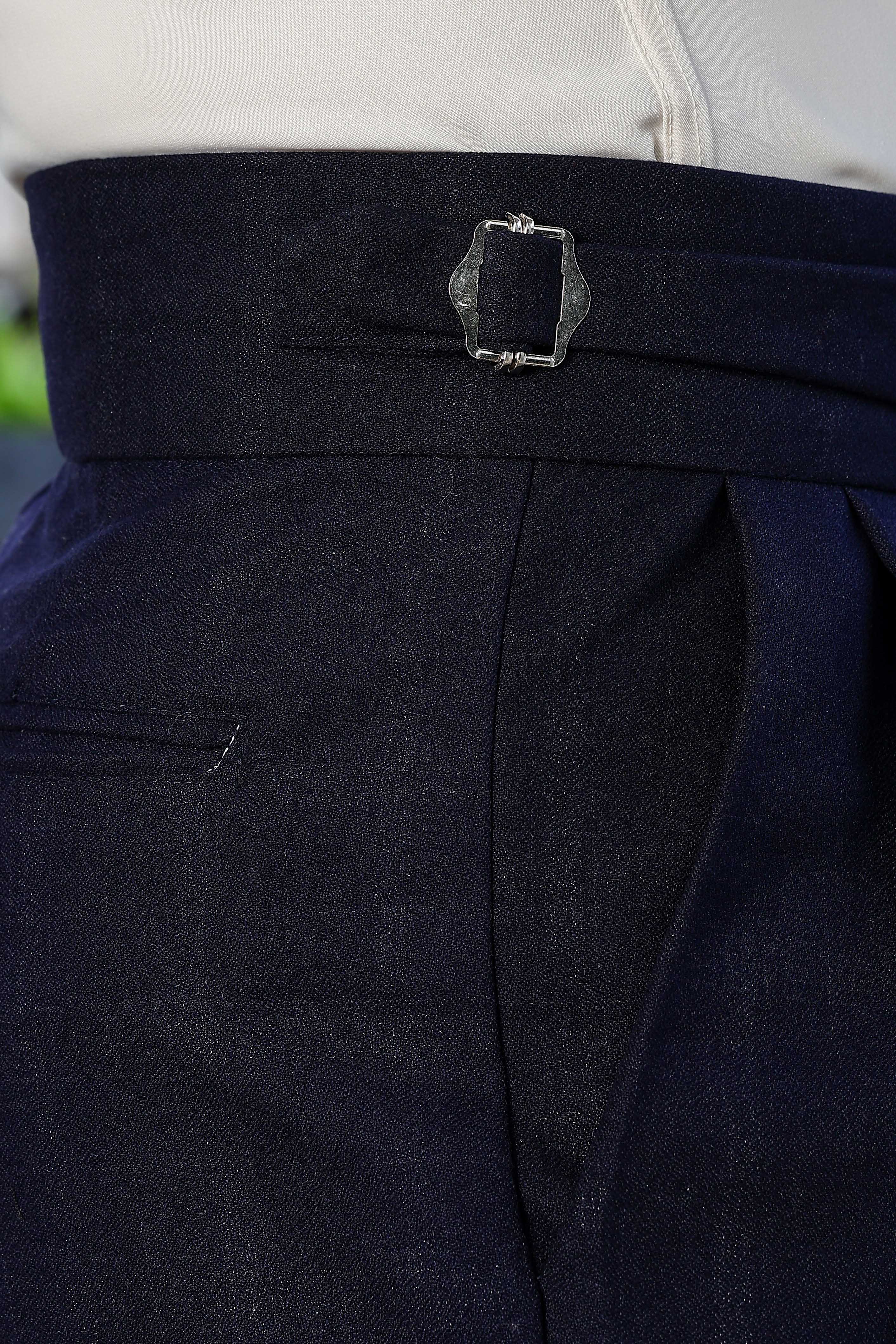 Navy Premium Tweed Blend Gurkha Trousers with Double Pleated Front