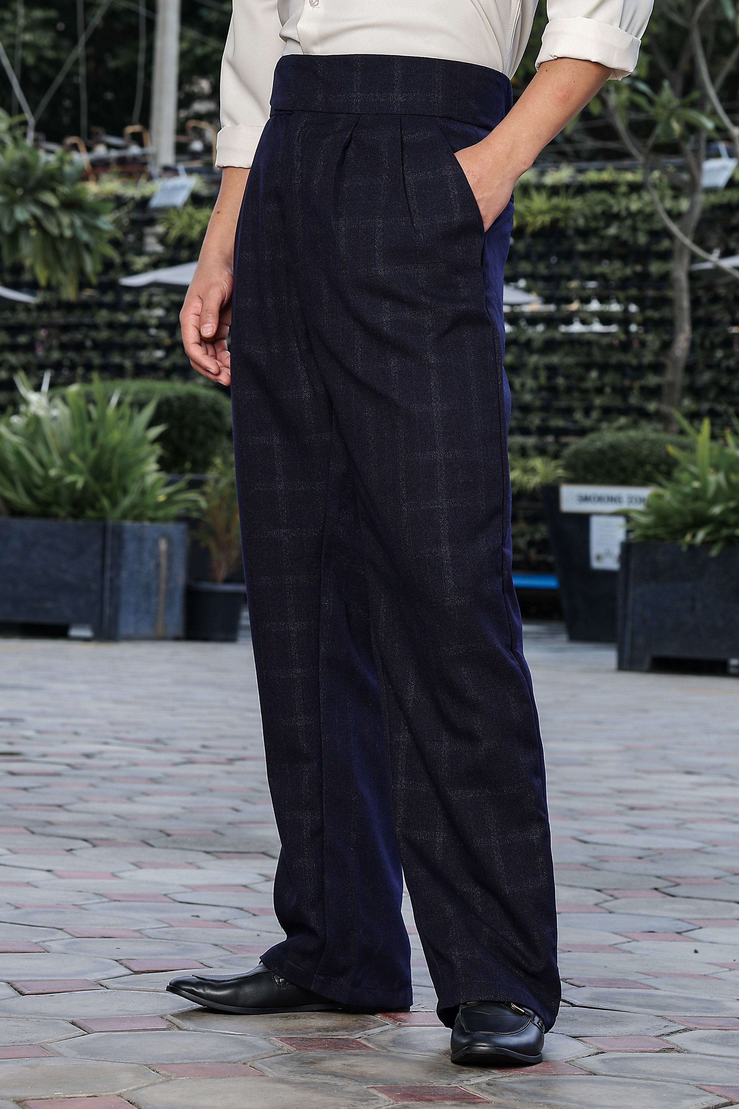 Navy Premium Tweed Blend Gurkha Trousers with Double Pleated Front
