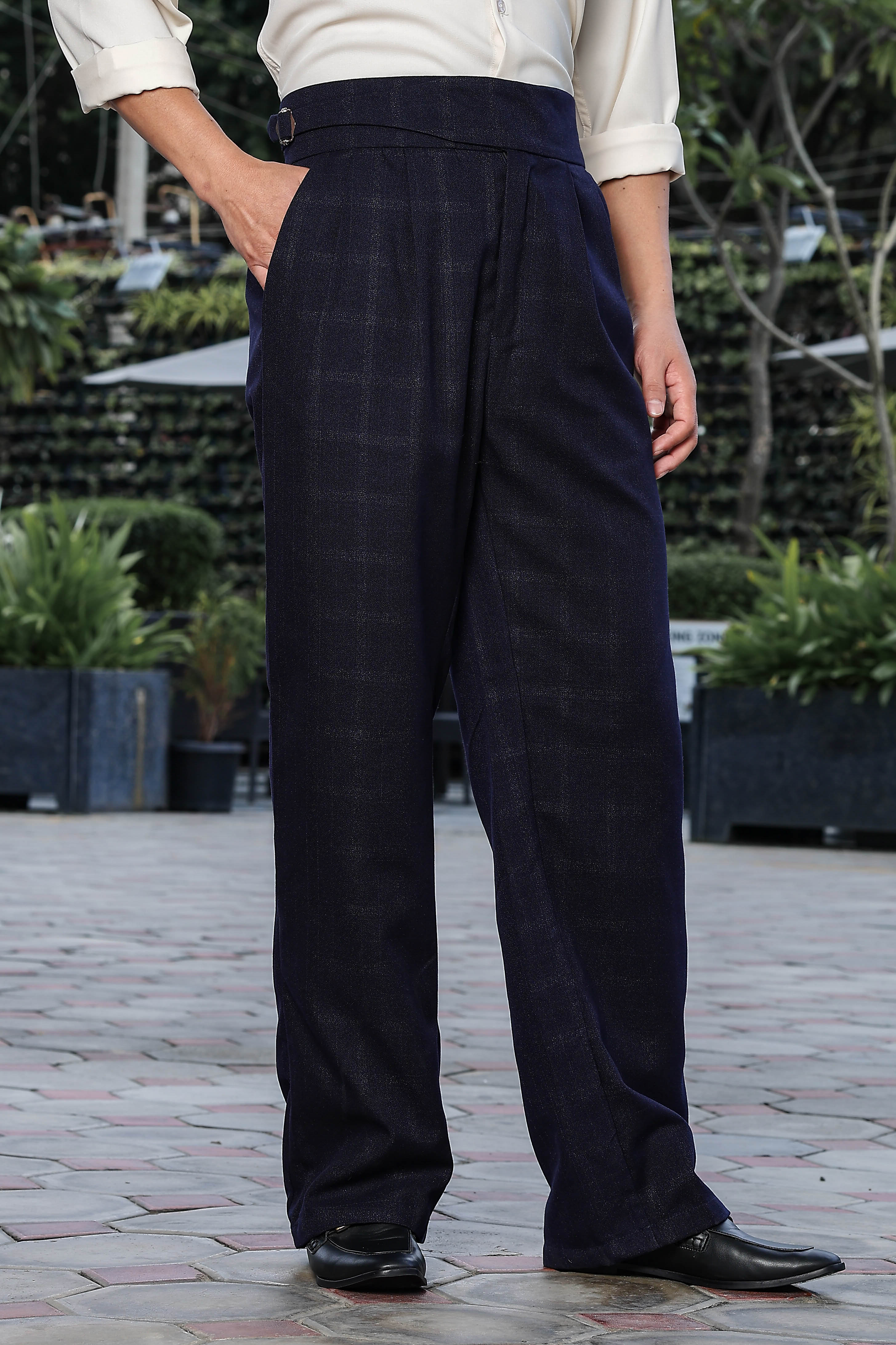 Navy Premium Tweed Blend Gurkha Trousers with Double Pleated Front