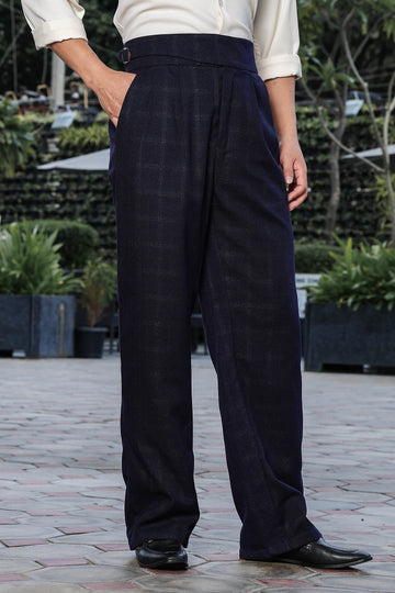 Navy Premium Tweed Blend Gurkha Trousers with Double Pleated Front