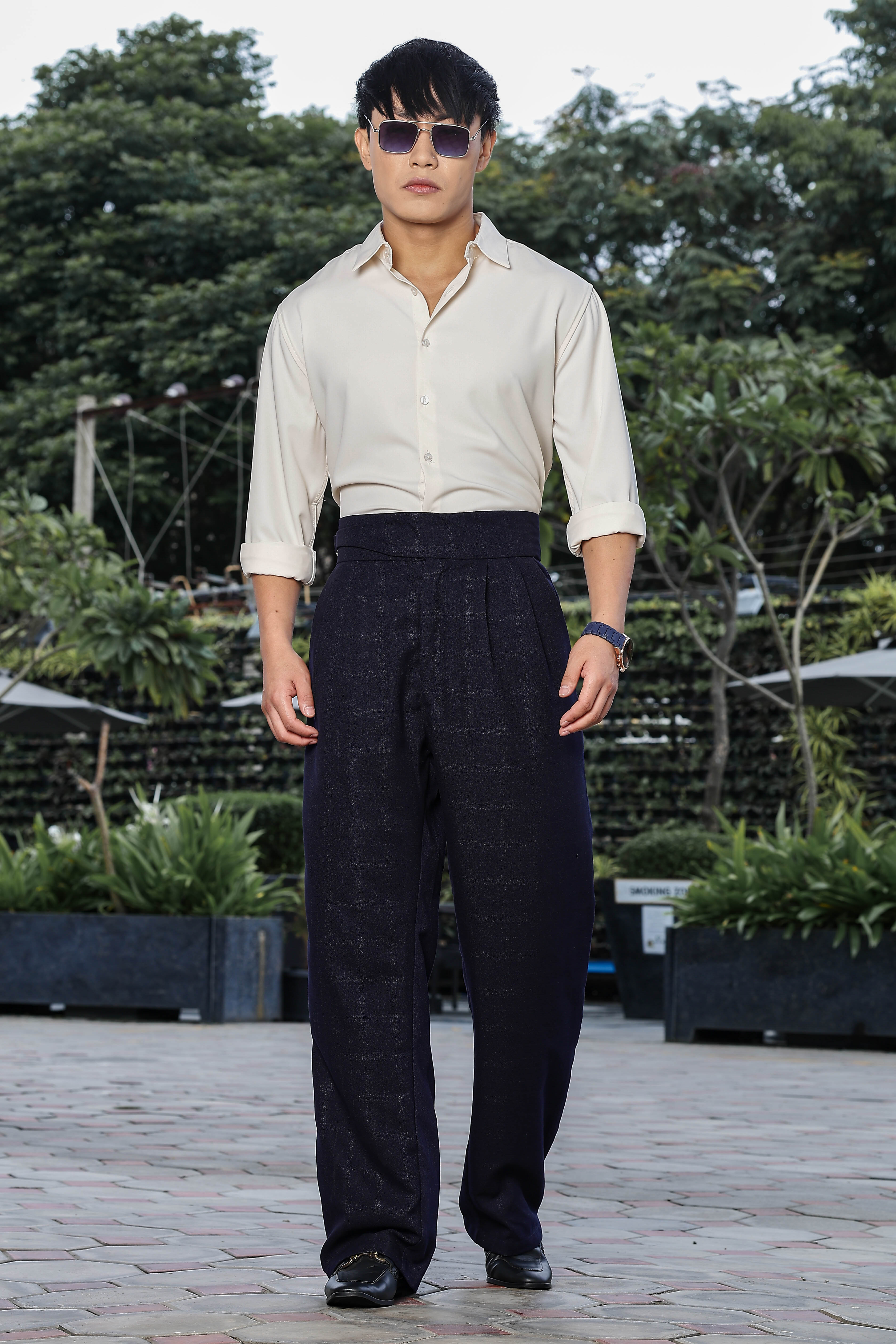 Navy Premium Tweed Blend Gurkha Trousers with Double Pleated Front