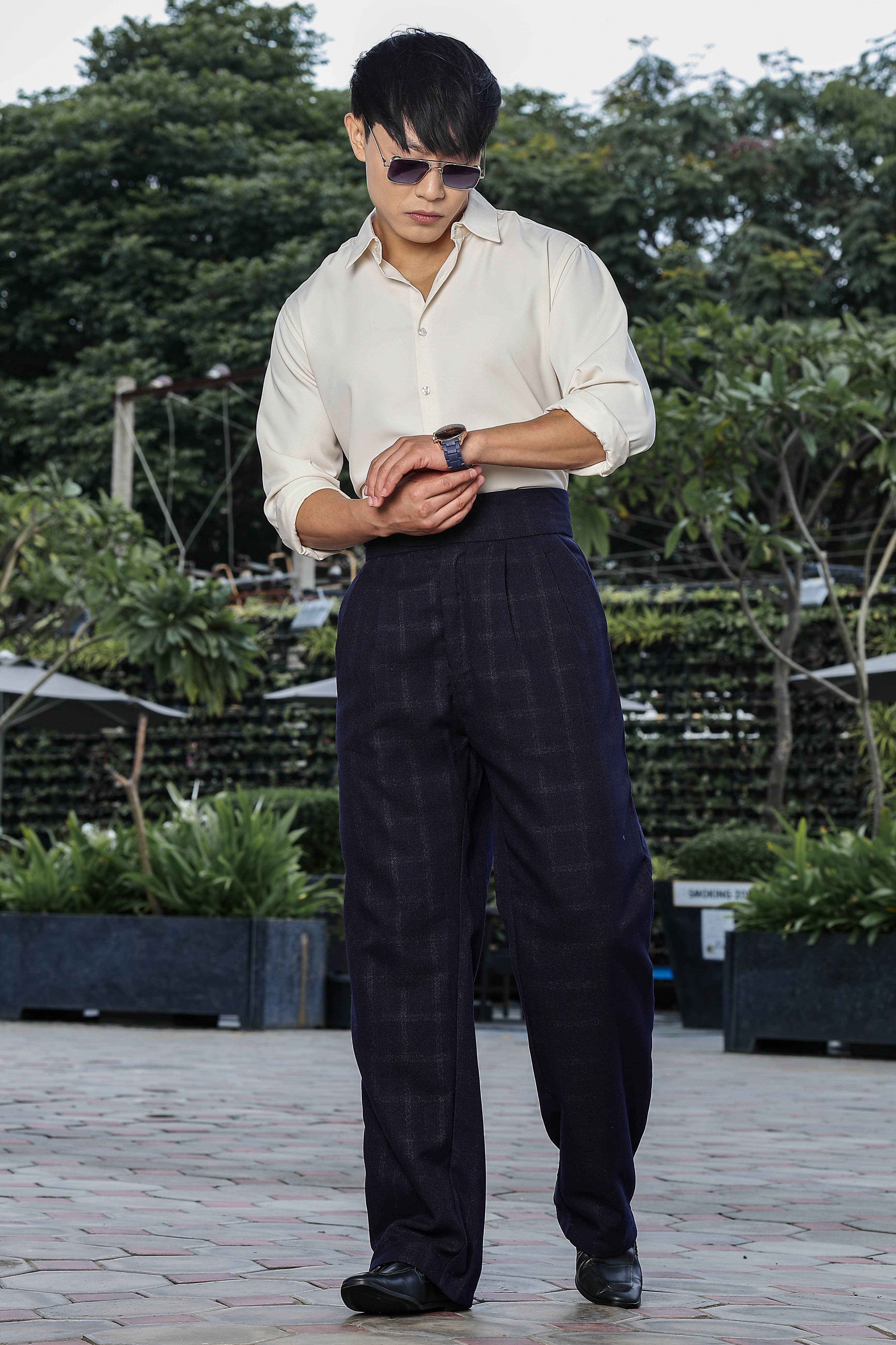 Navy Premium Tweed Blend Gurkha Trousers with Double Pleated Front