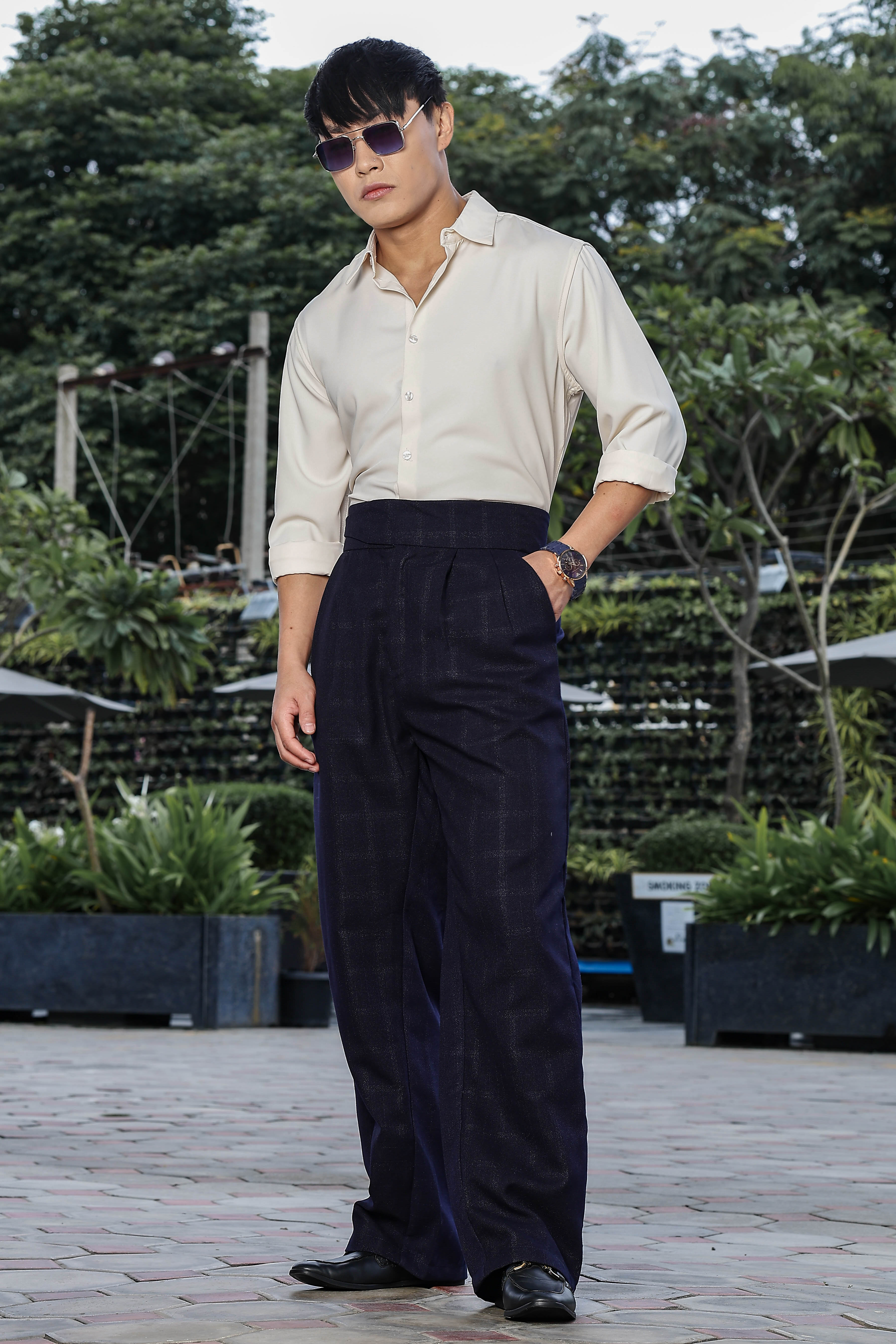 Navy Premium Tweed Blend Gurkha Trousers with Double Pleated Front