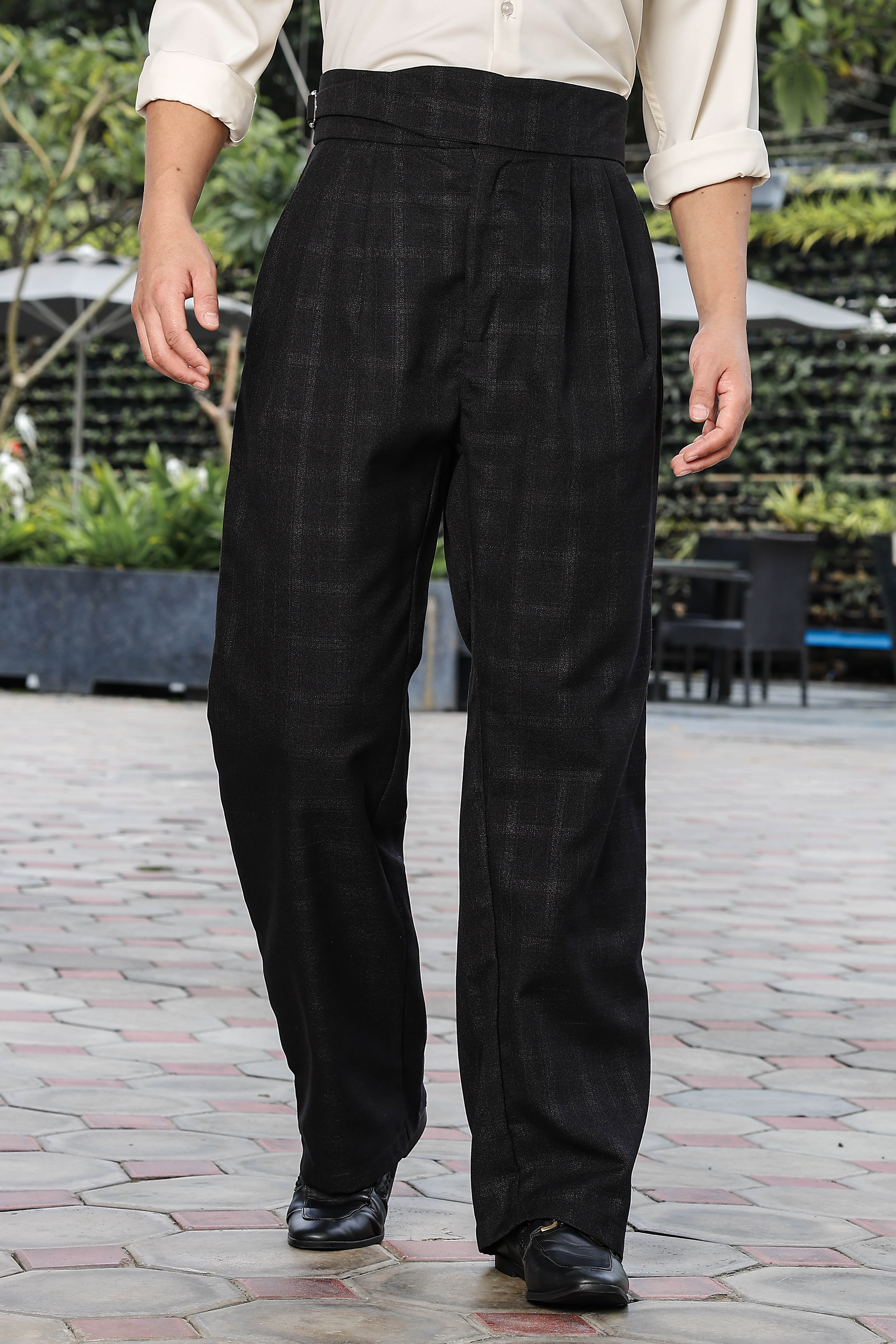 Black Premium Tweed Blend Gurkha Trousers with Double Pleated Front