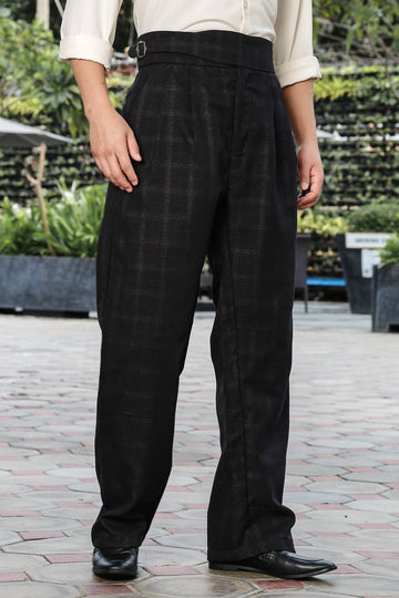 Black Premium Tweed Blend Gurkha Trousers with Double Pleated Front