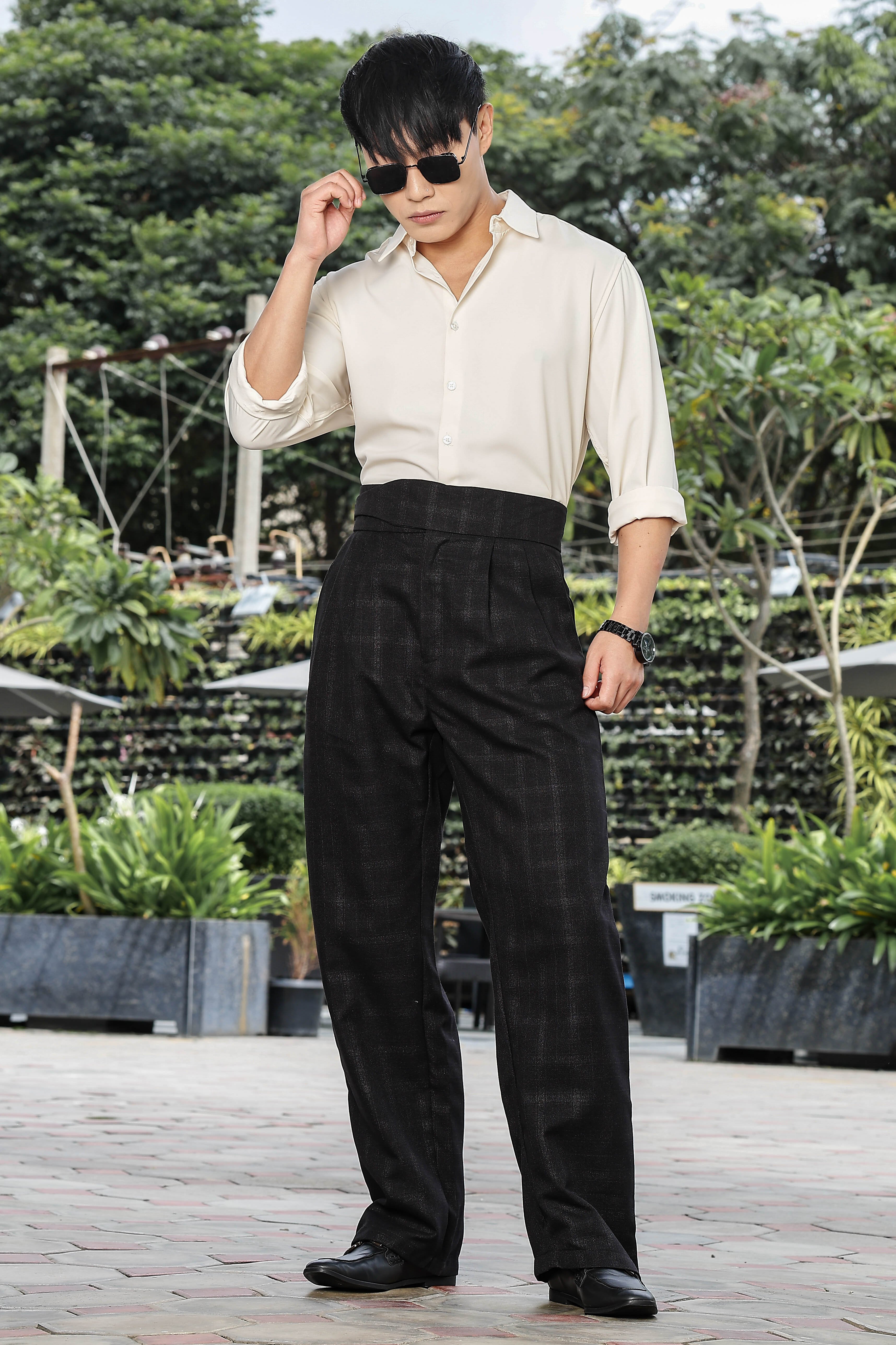 Black Premium Tweed Blend Gurkha Trousers with Double Pleated Front