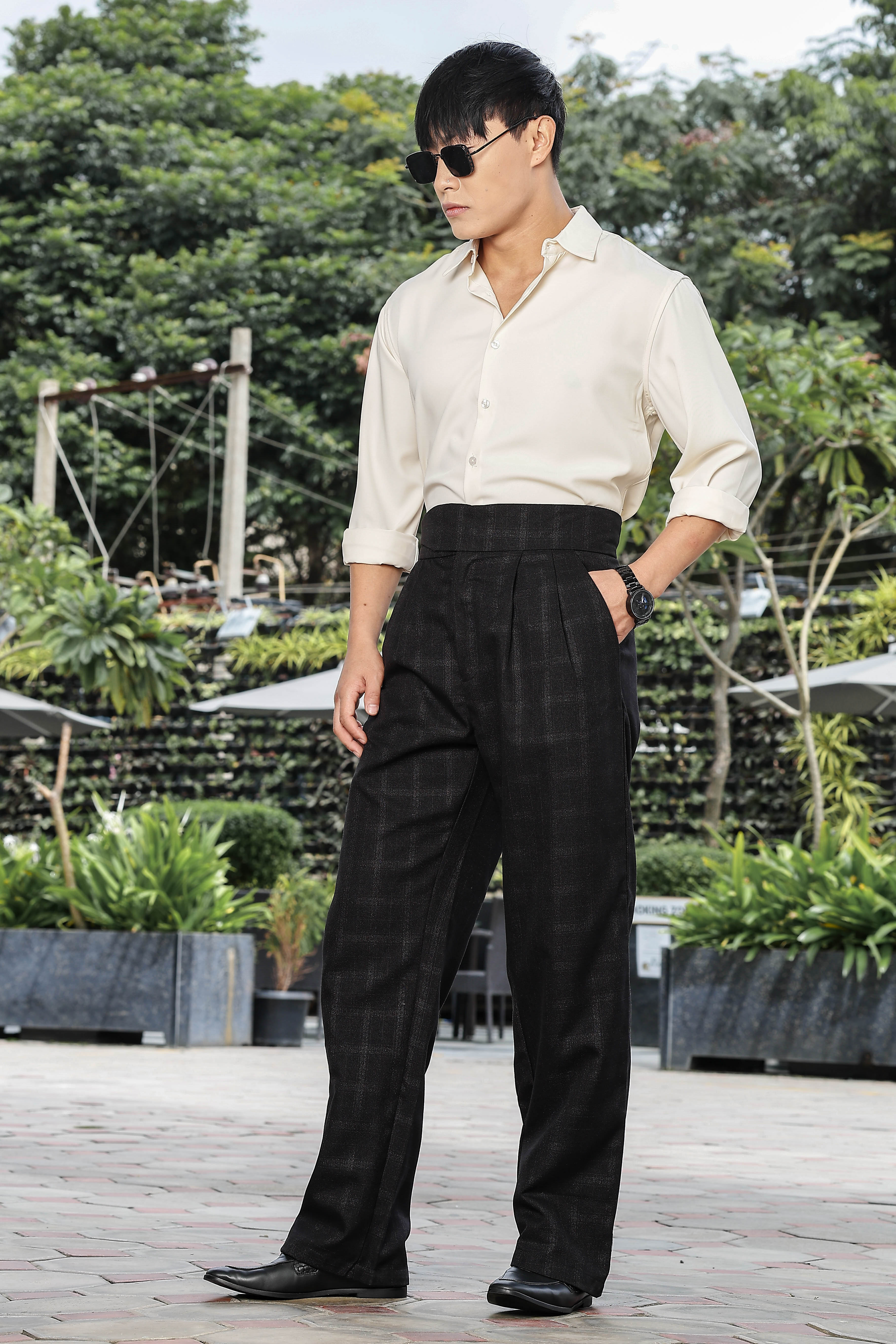 Black Premium Tweed Blend Gurkha Trousers with Double Pleated Front