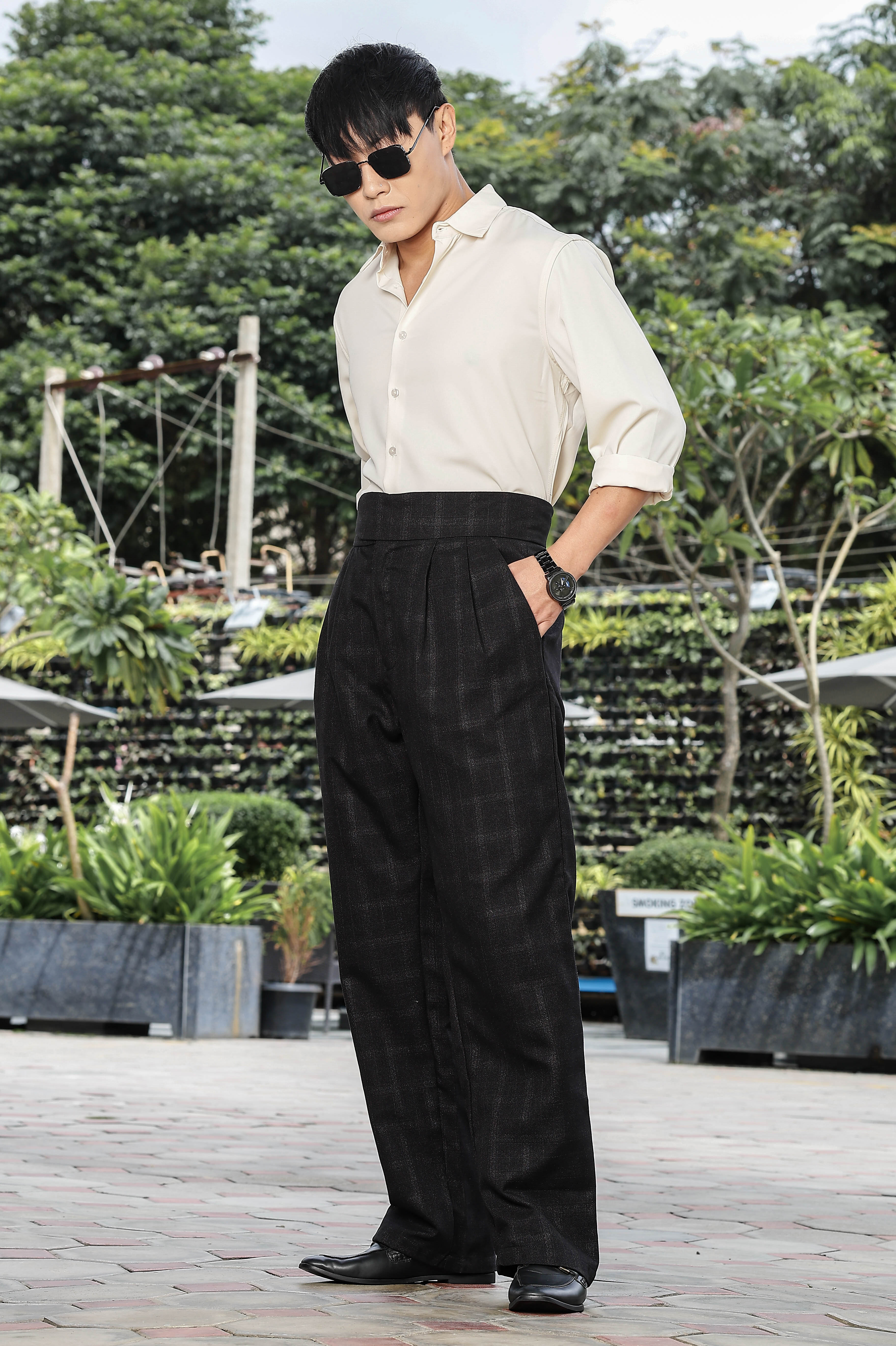 Black Premium Tweed Blend Gurkha Trousers with Double Pleated Front