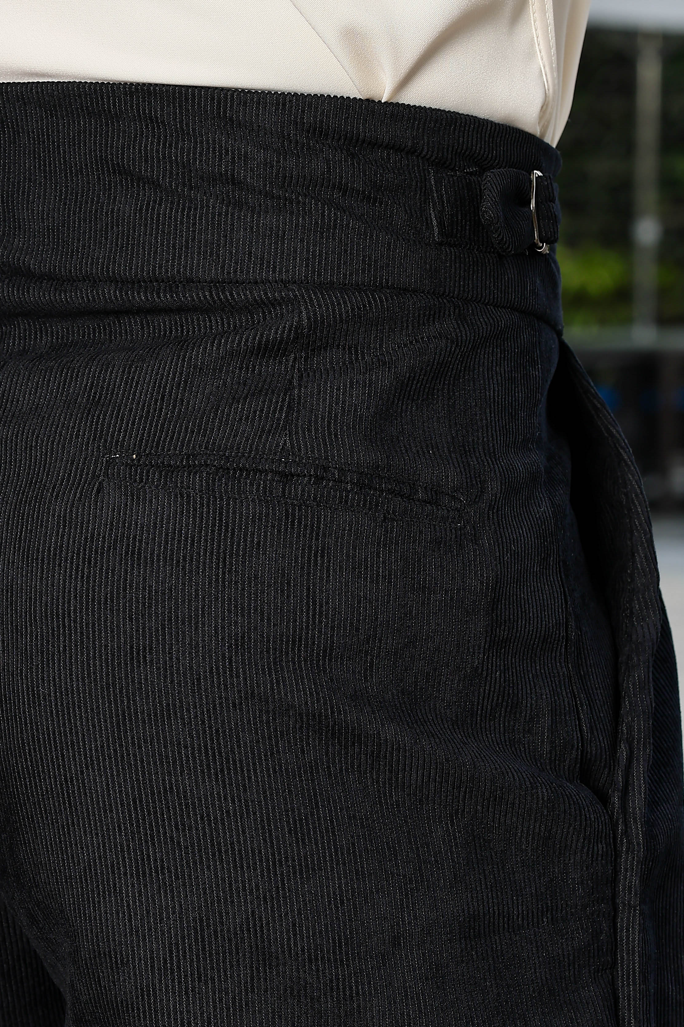 Black Corduroy Gurkha Trousers with Double Pleated Front