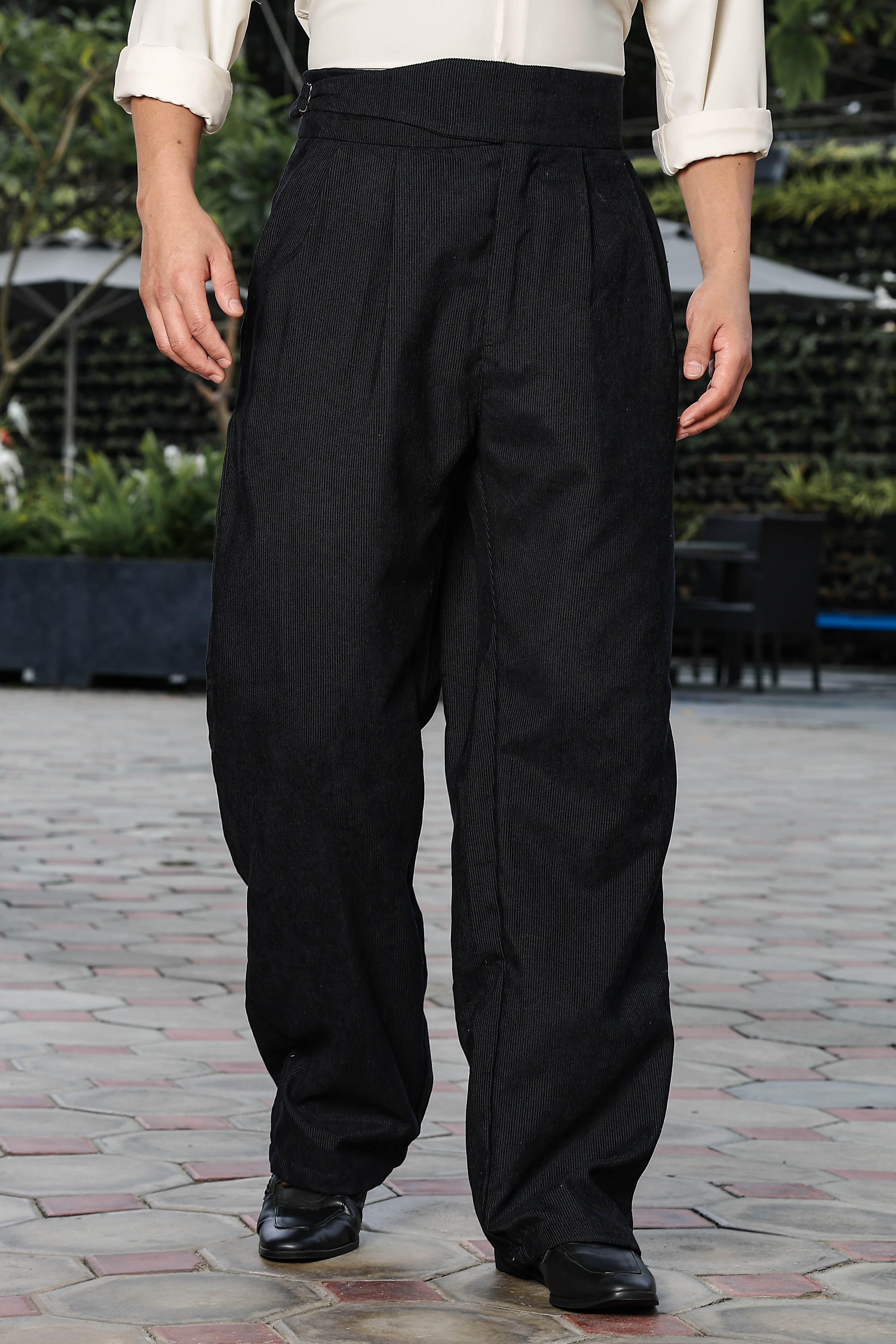 Black Corduroy Gurkha Trousers with Double Pleated Front