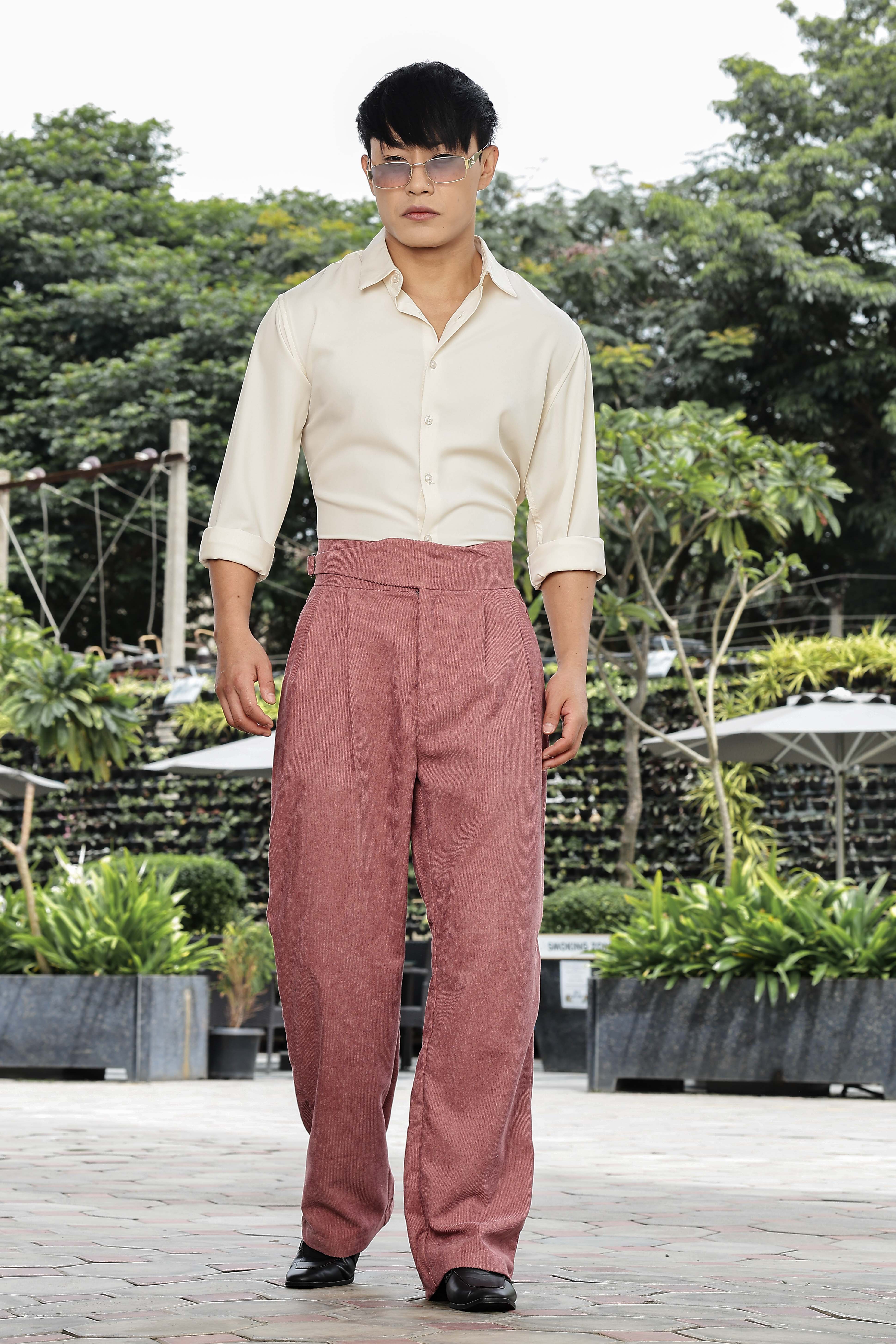 Salmon Pink Corduroy Gurkha Trousers with Double Pleated Front