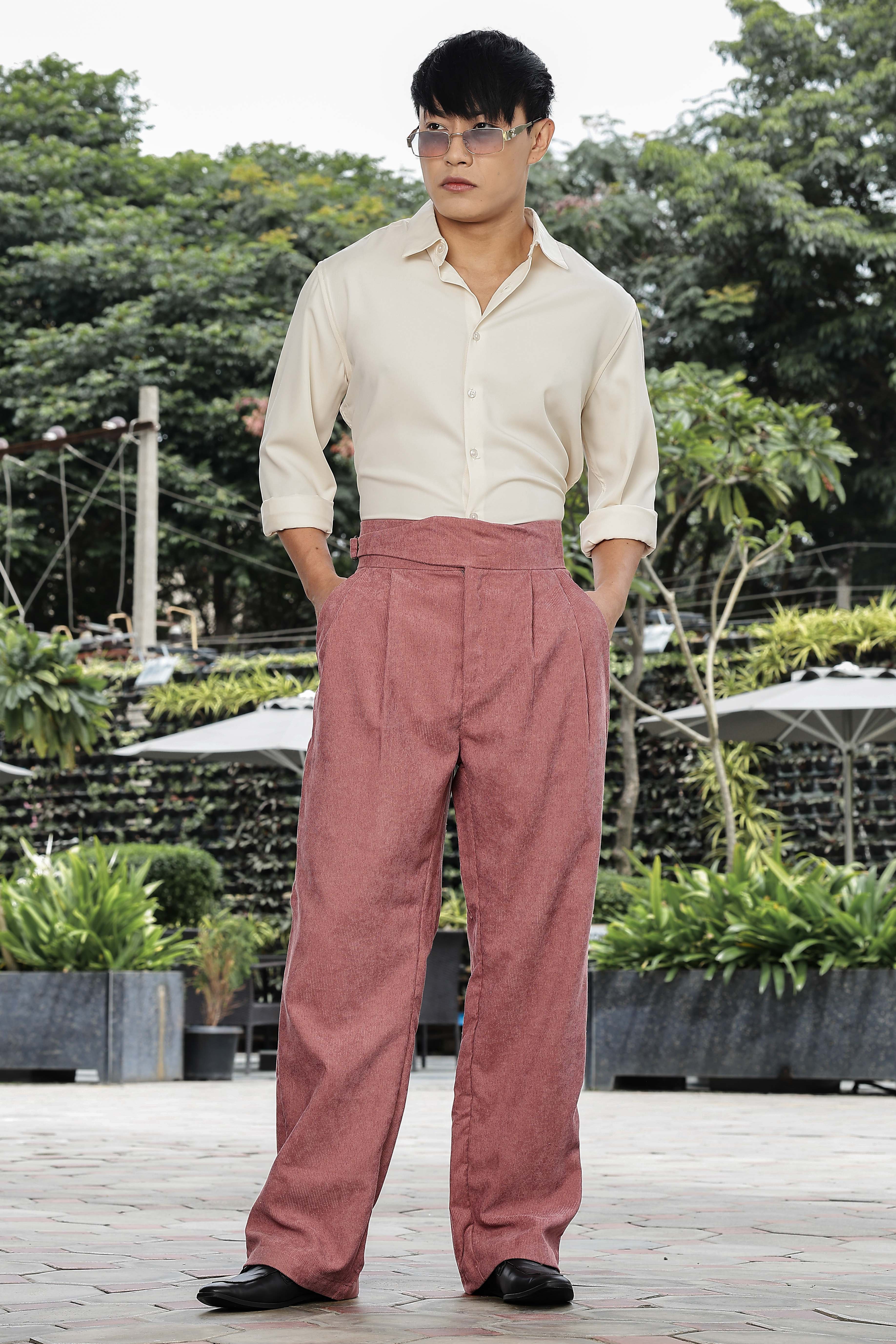 Salmon Pink Corduroy Gurkha Trousers with Double Pleated Front