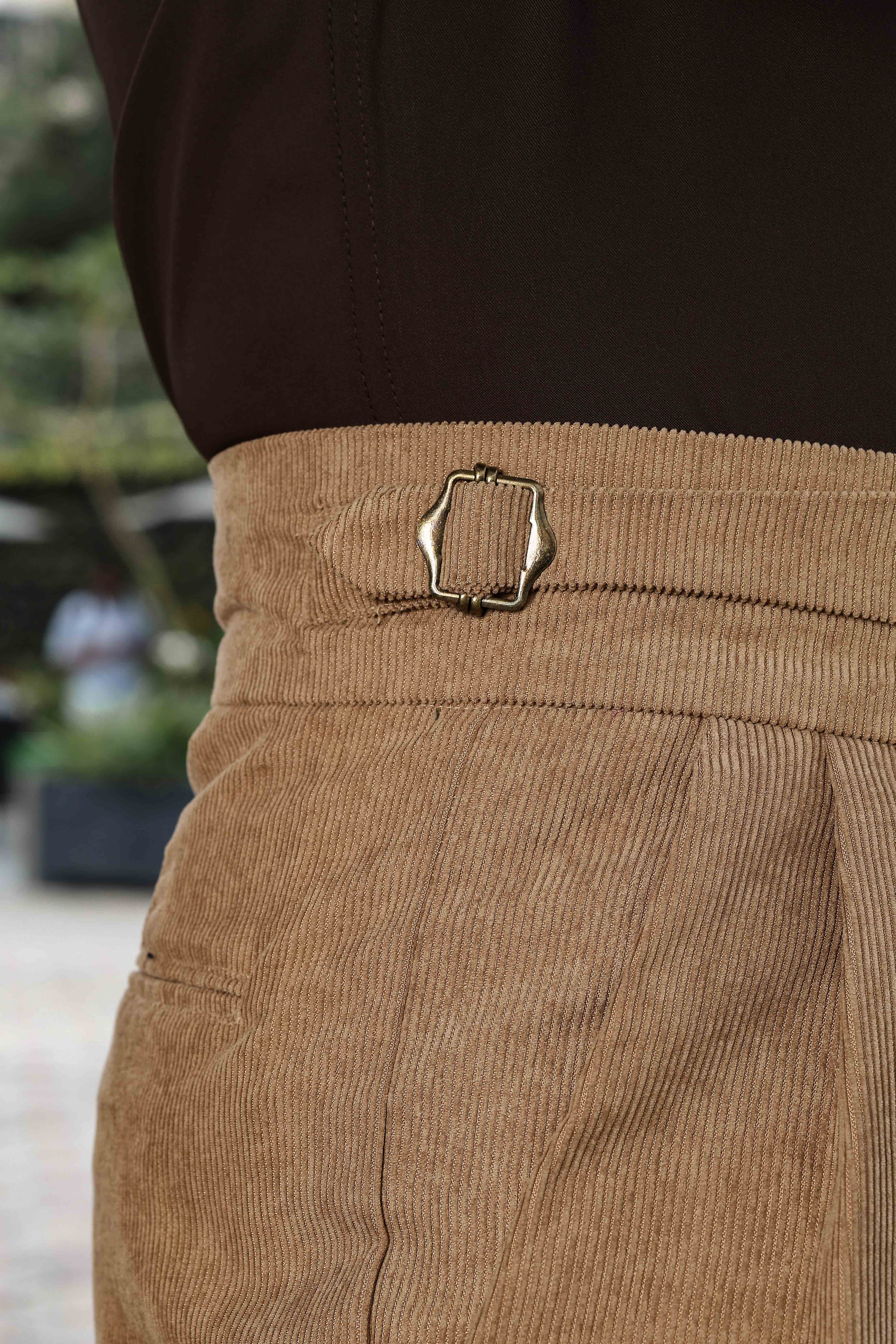 Beige Corduroy Gurkha Trousers with Double Pleated Front