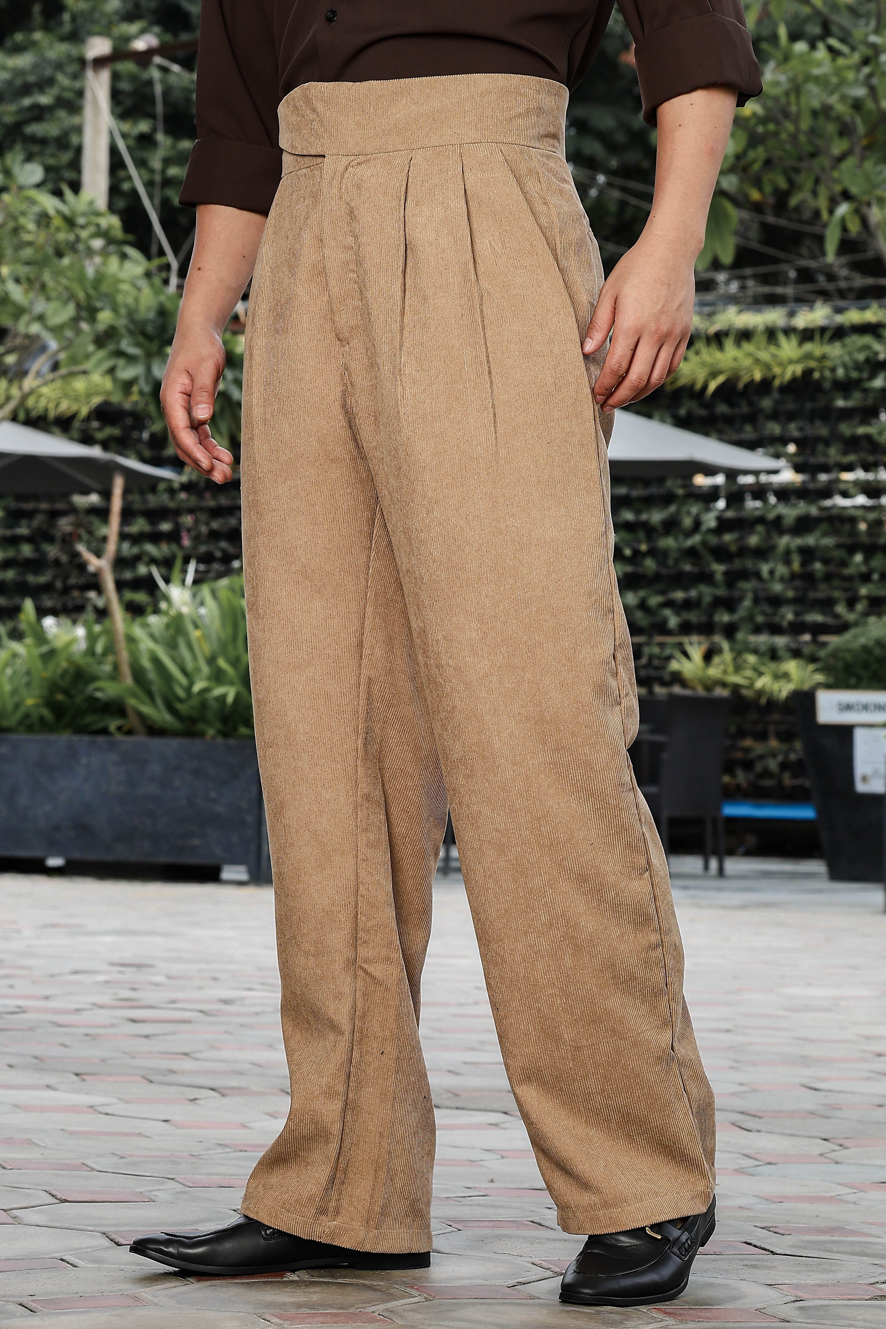 Beige Corduroy Gurkha Trousers with Double Pleated Front