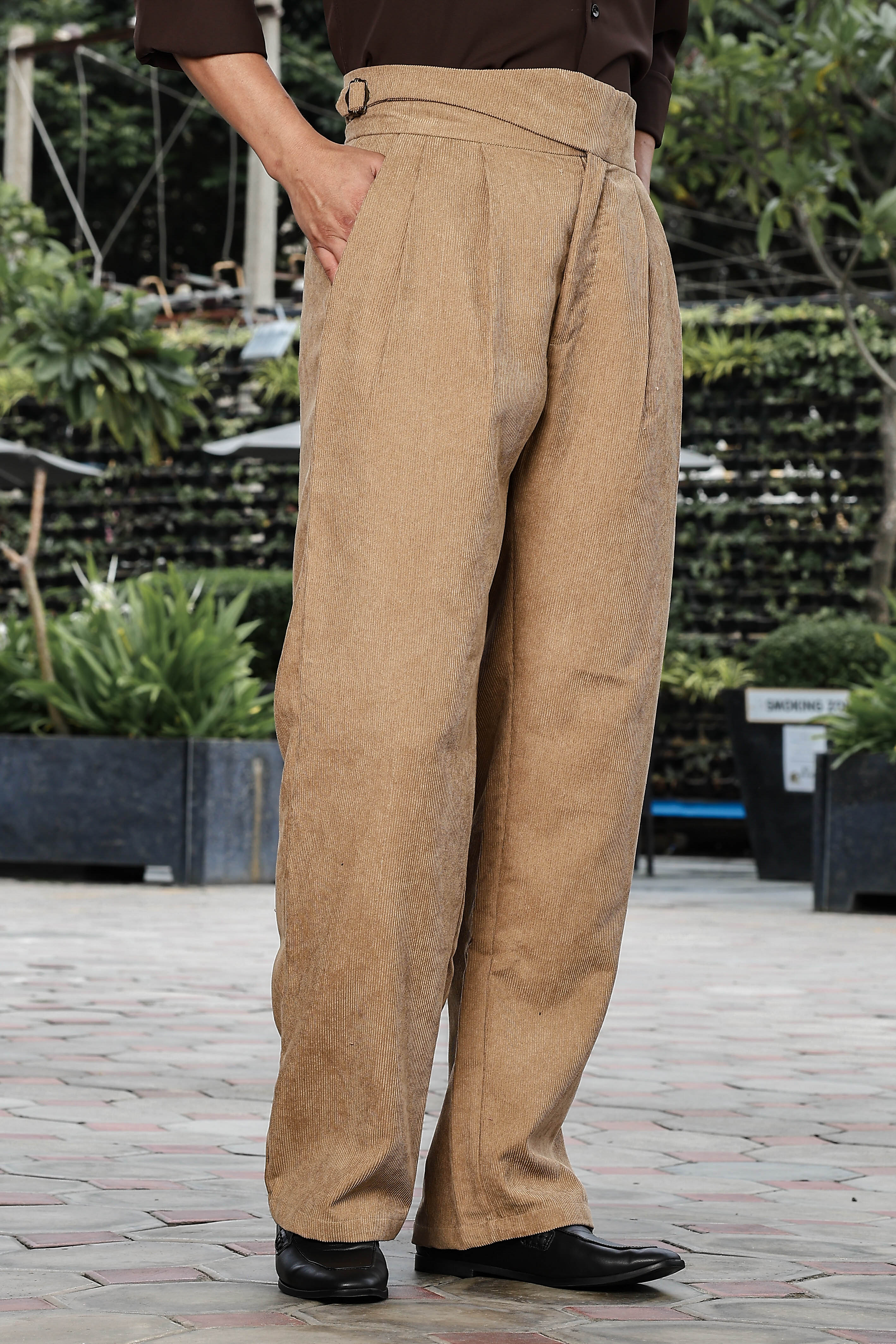 Beige Corduroy Gurkha Trousers with Double Pleated Front