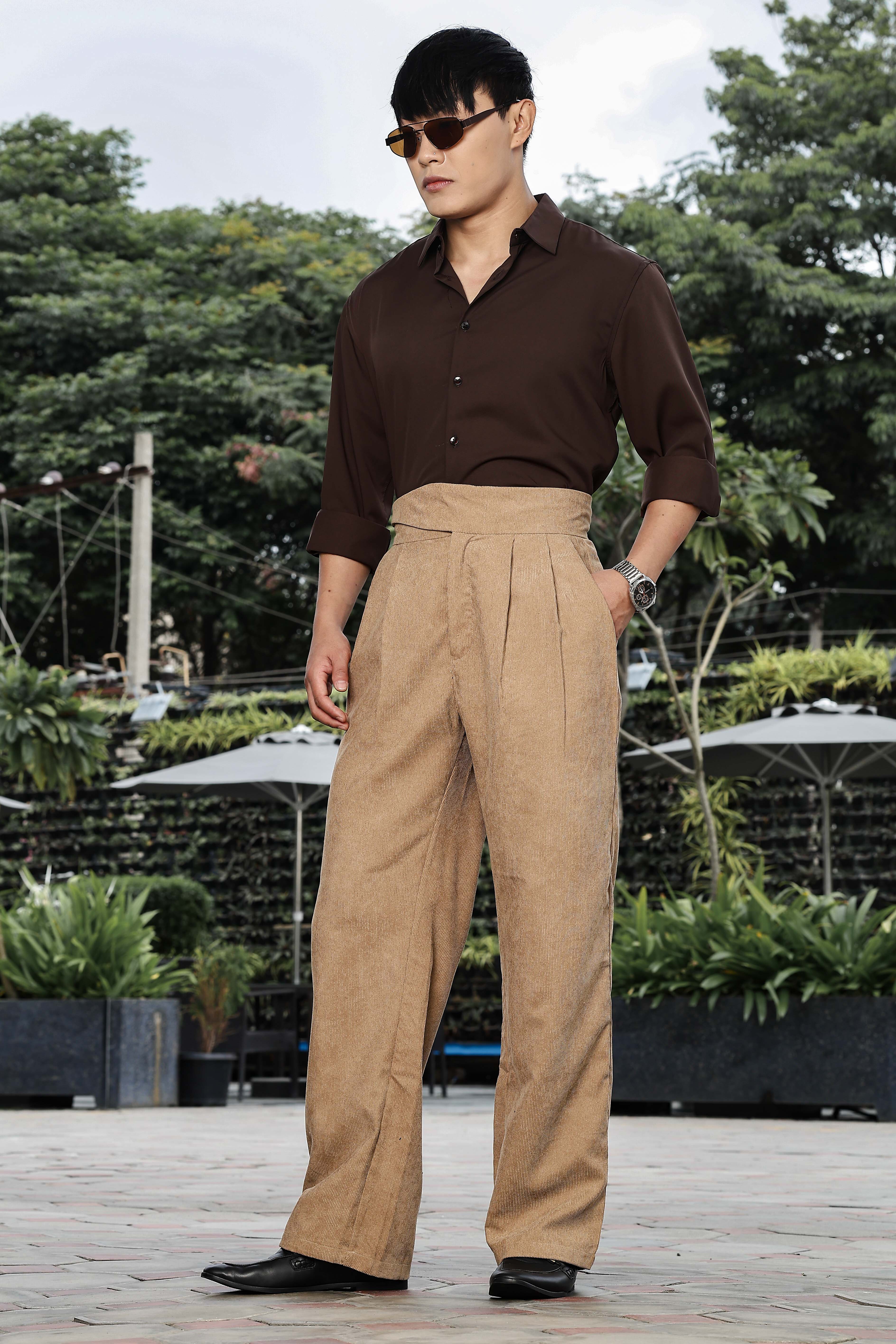 Beige Corduroy Gurkha Trousers with Double Pleated Front