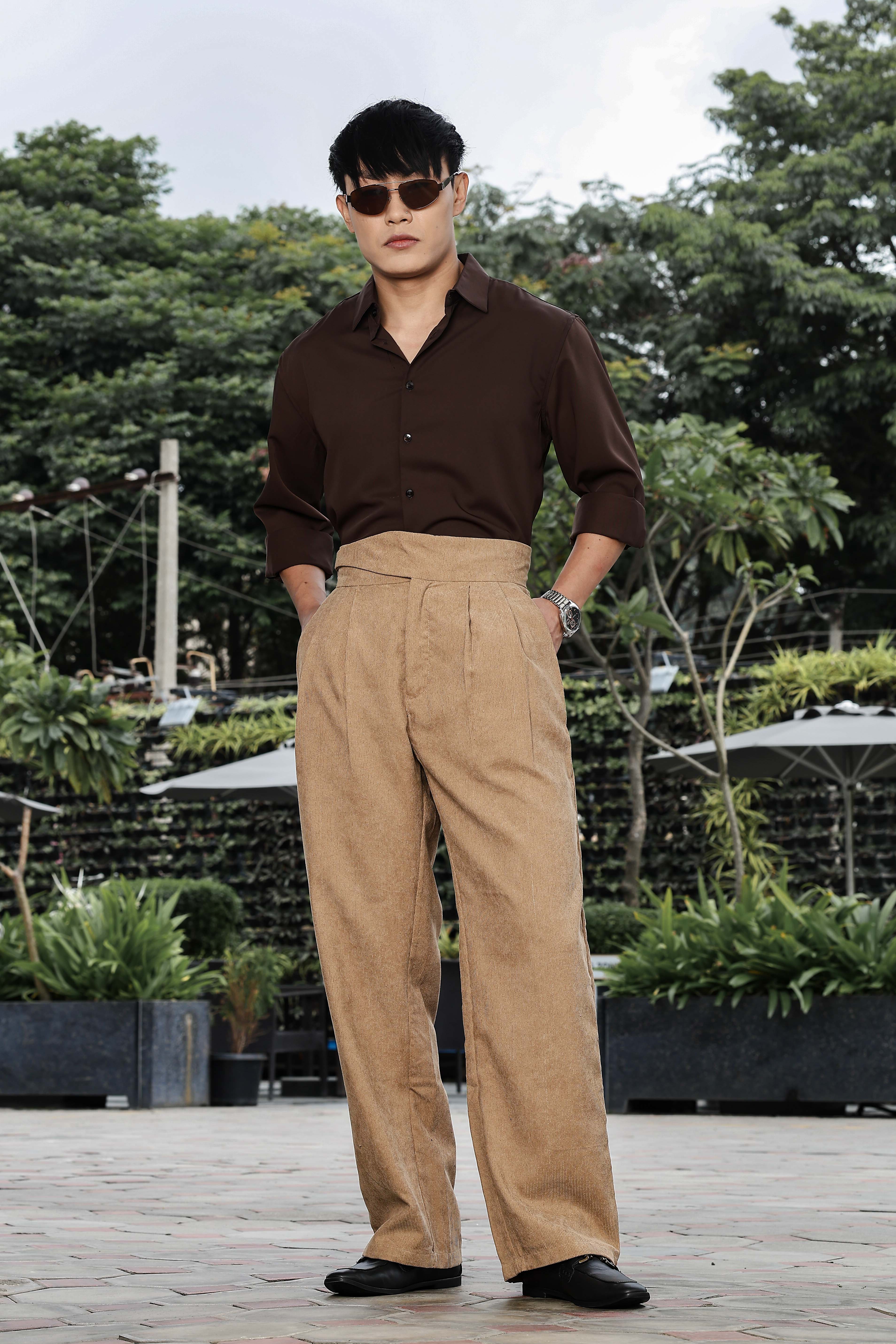 Beige Corduroy Gurkha Trousers with Double Pleated Front
