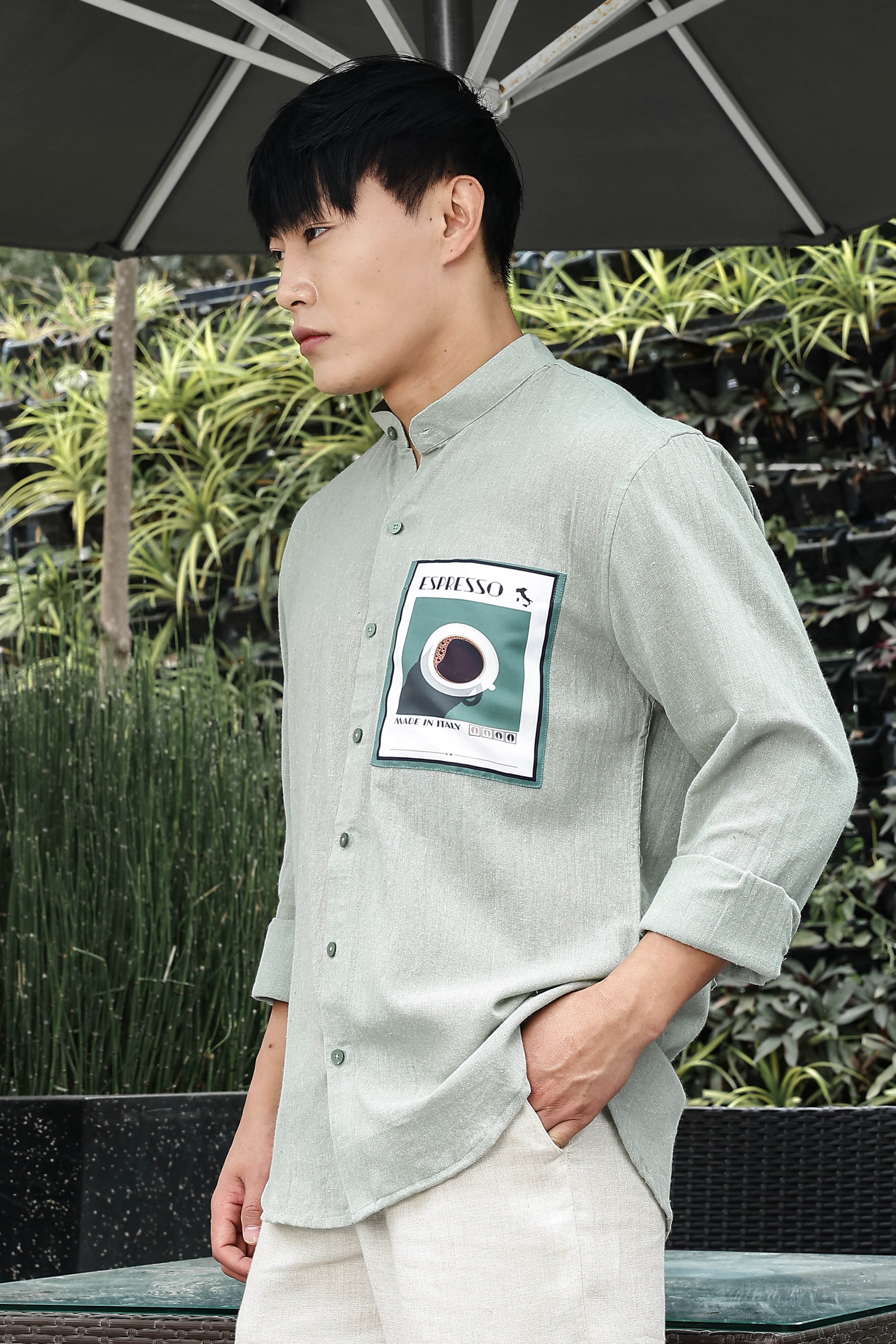 Khadi Blend Olive Green Mandarin Collar Relaxed Fit Shirt