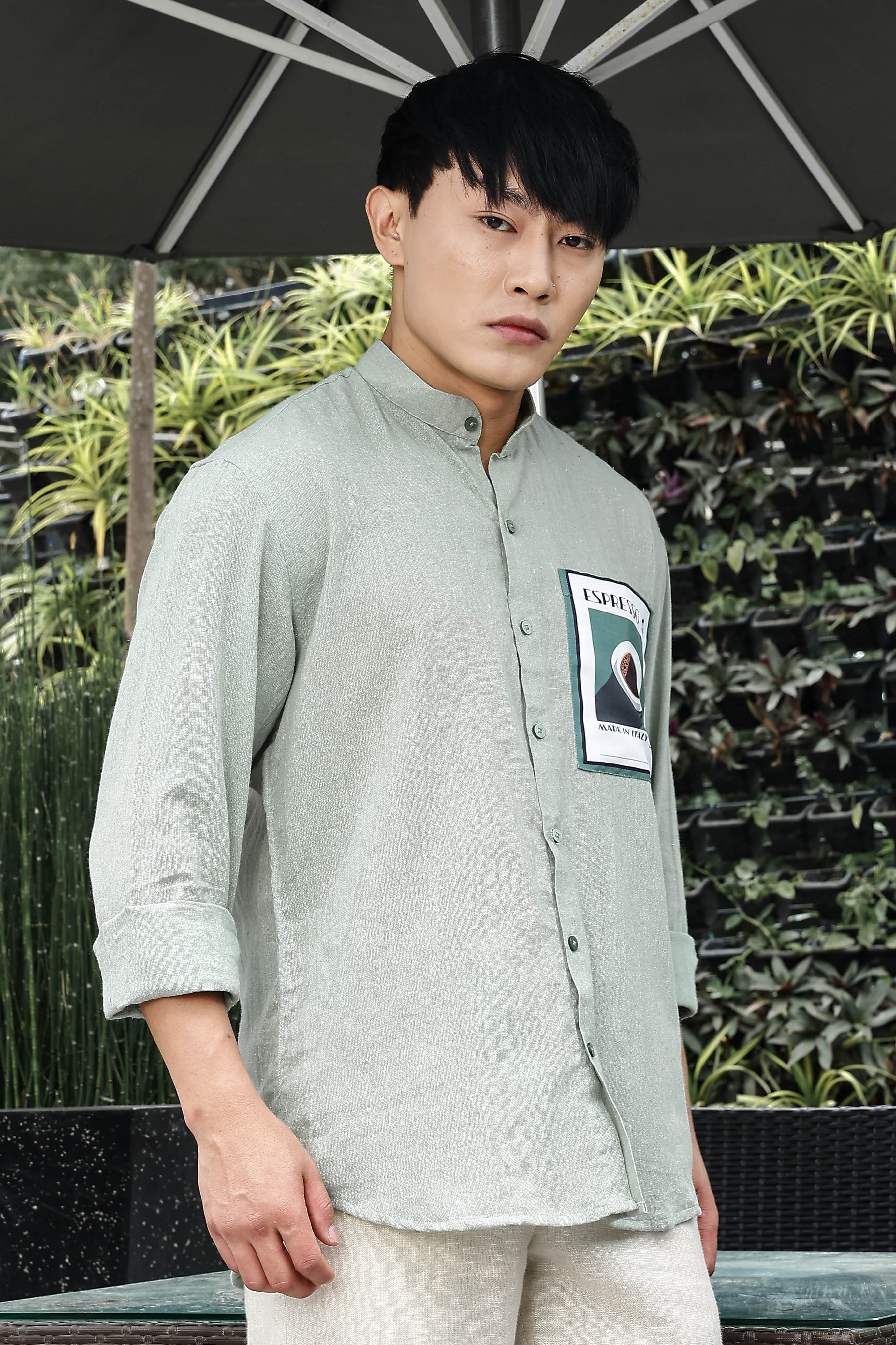 Khadi Blend Olive Green Mandarin Collar Relaxed Fit Shirt