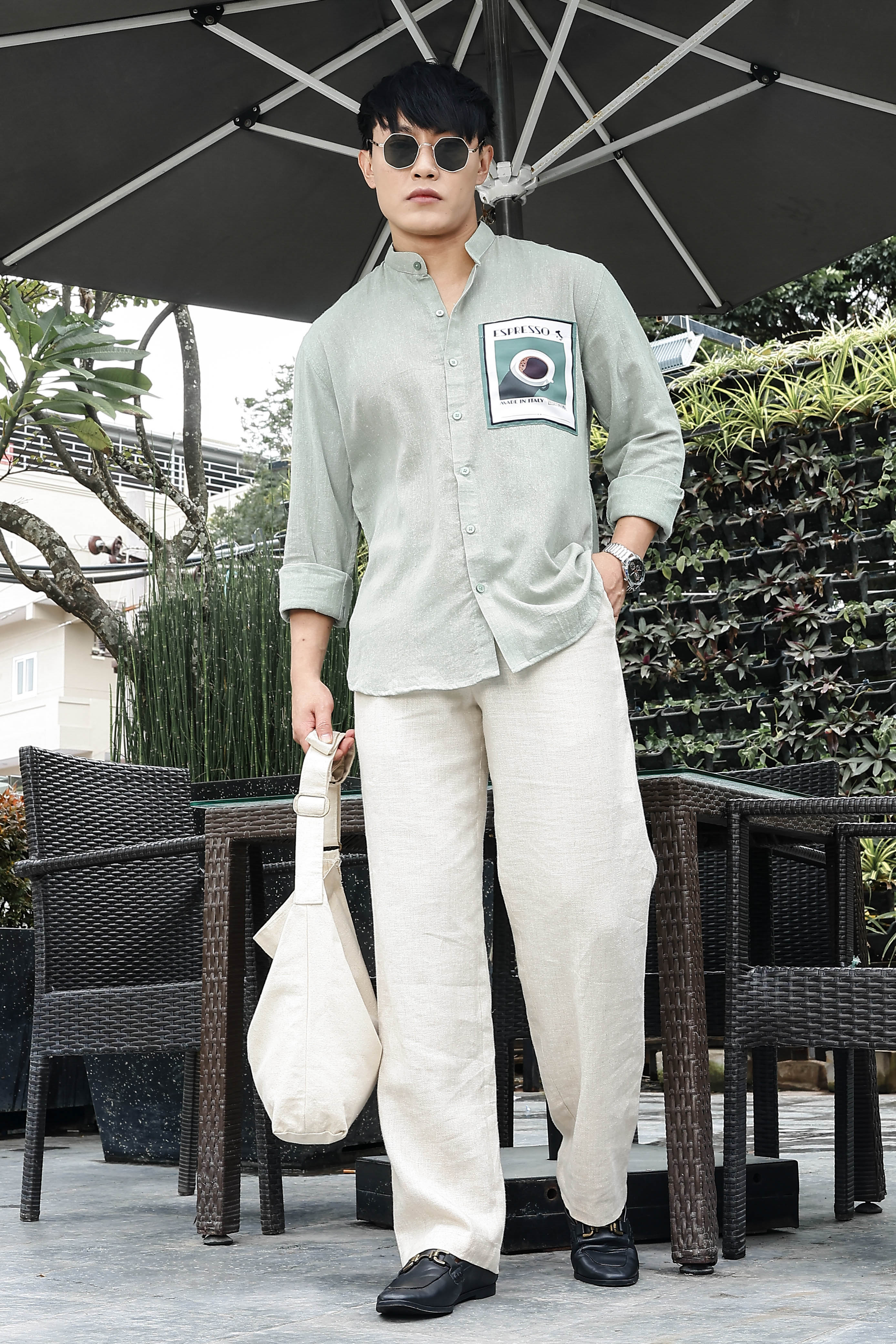 Khadi Blend Olive Green Mandarin Collar Relaxed Fit Shirt