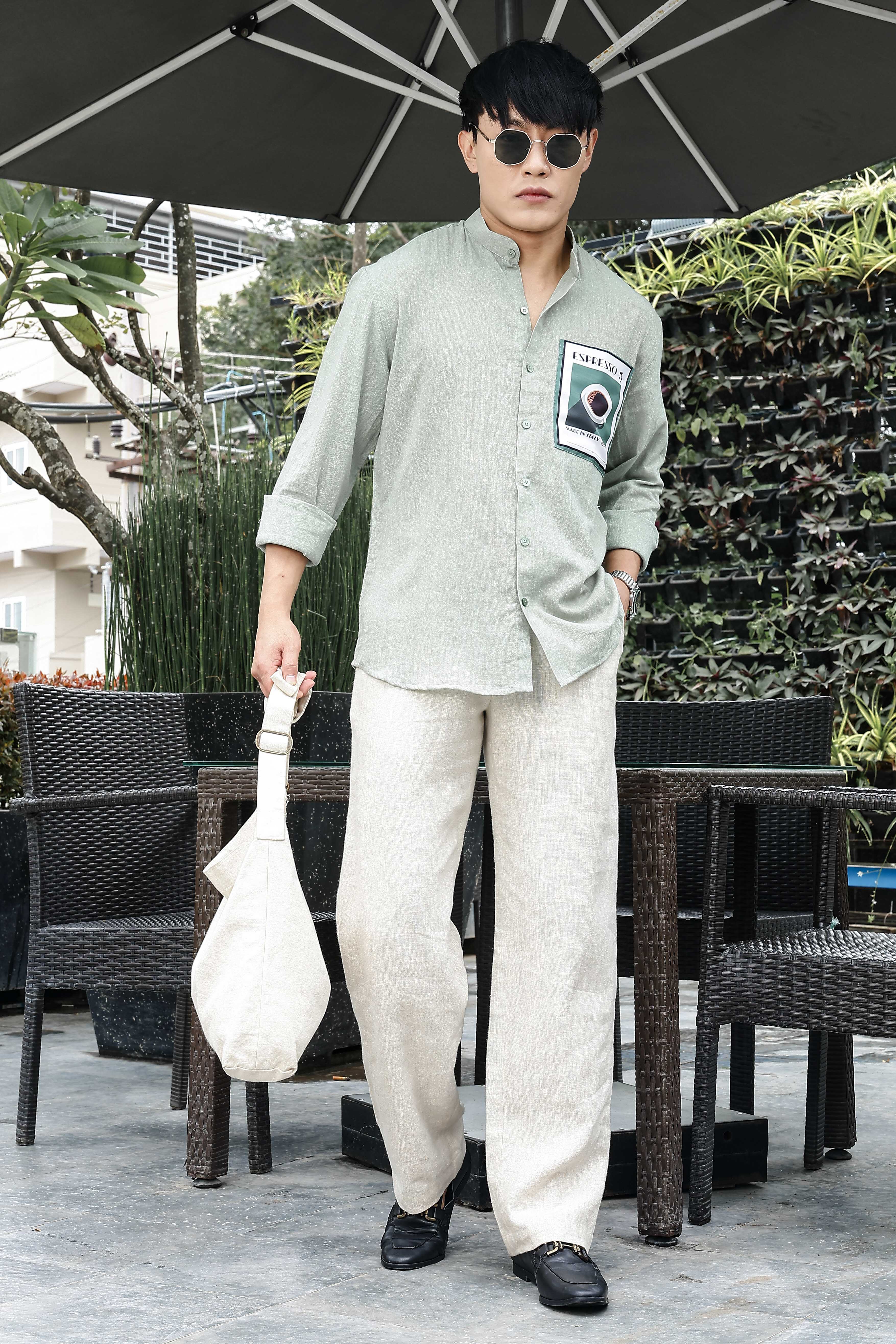 Khadi Blend Olive Green Mandarin Collar Relaxed Fit Shirt