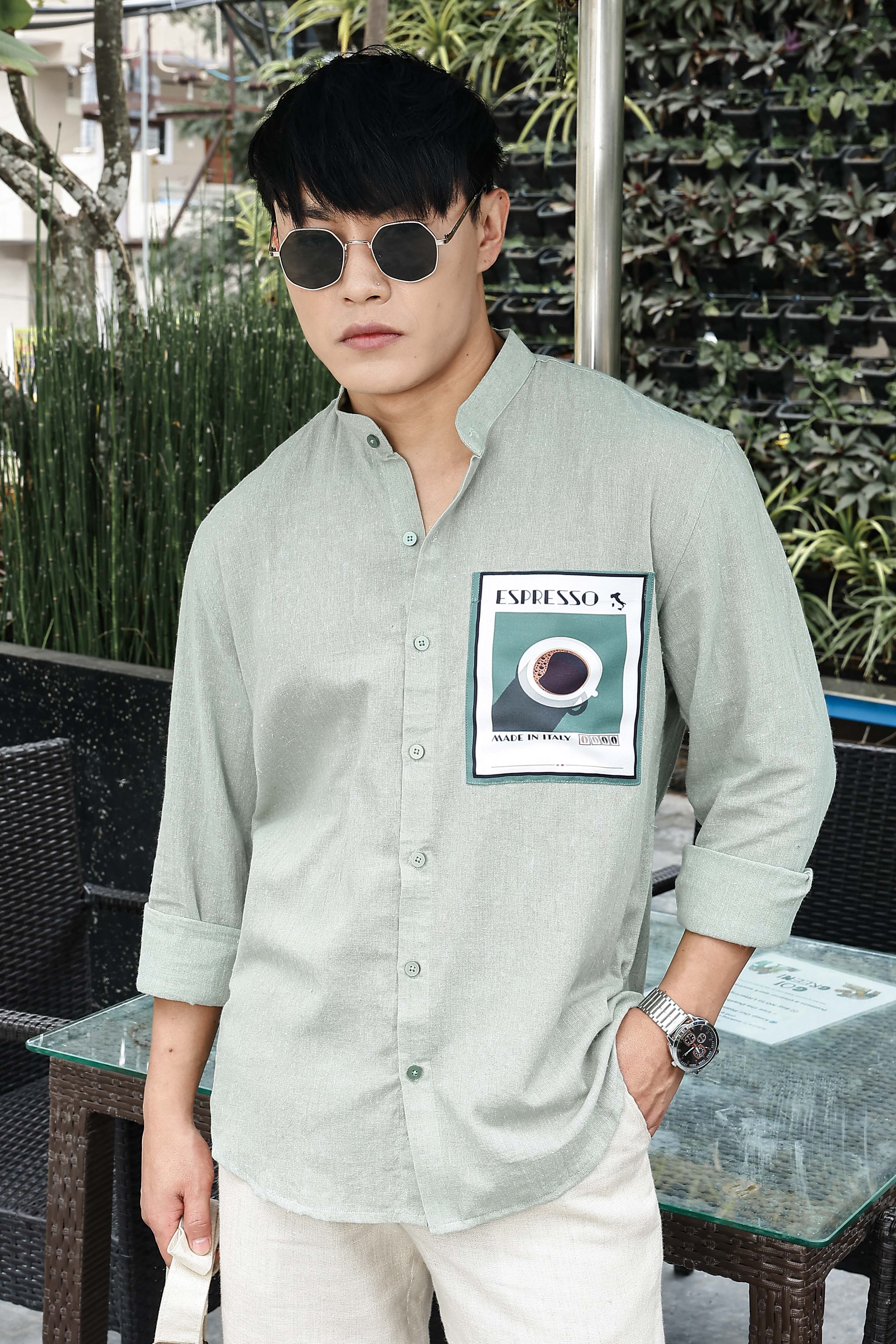 Khadi Blend Olive Green Mandarin Collar Relaxed Fit Shirt