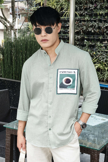 Khadi Blend Olive Green Mandarin Collar Relaxed Fit Shirt