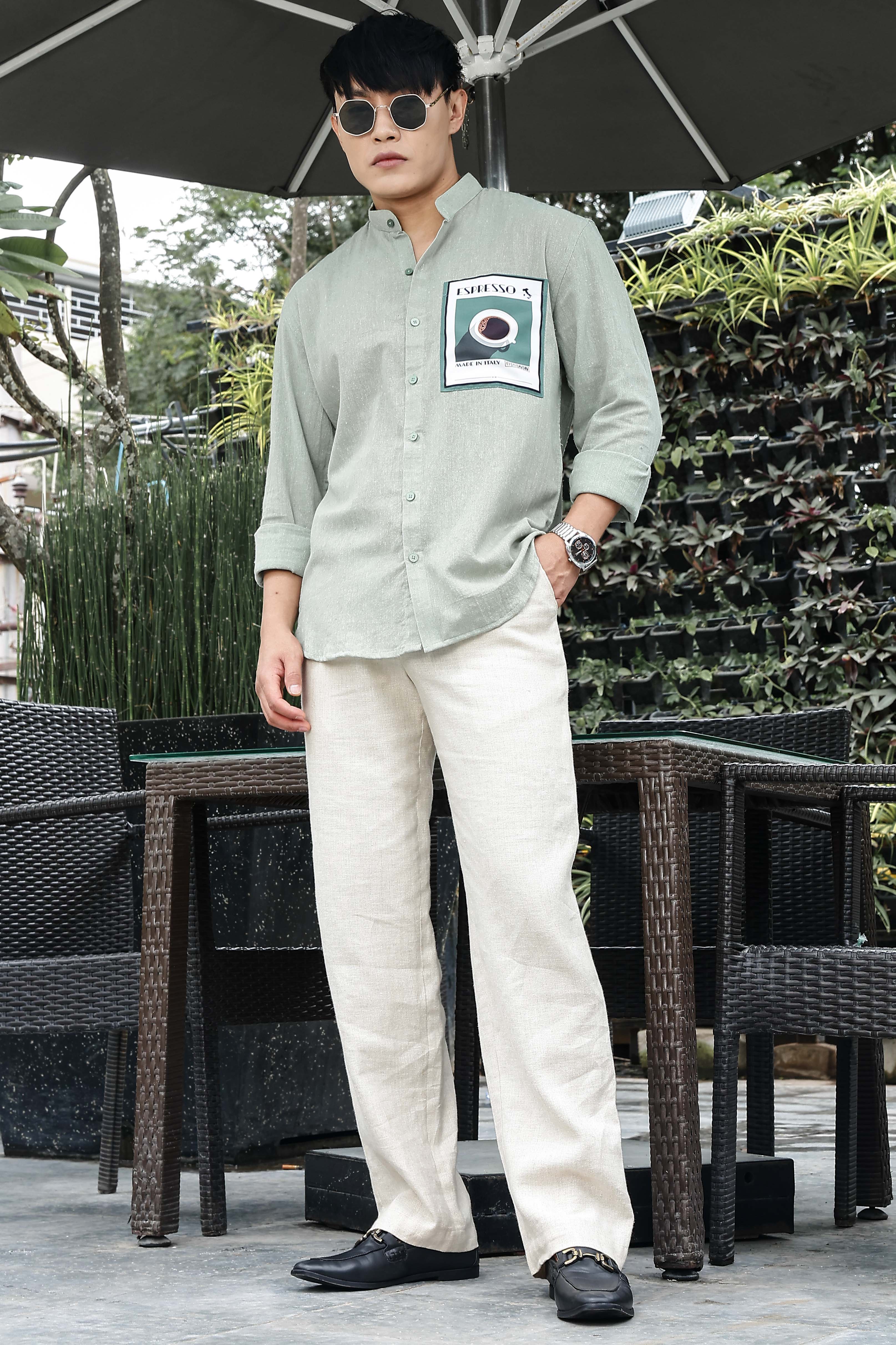 Khadi Blend Olive Green Mandarin Collar Relaxed Fit Shirt