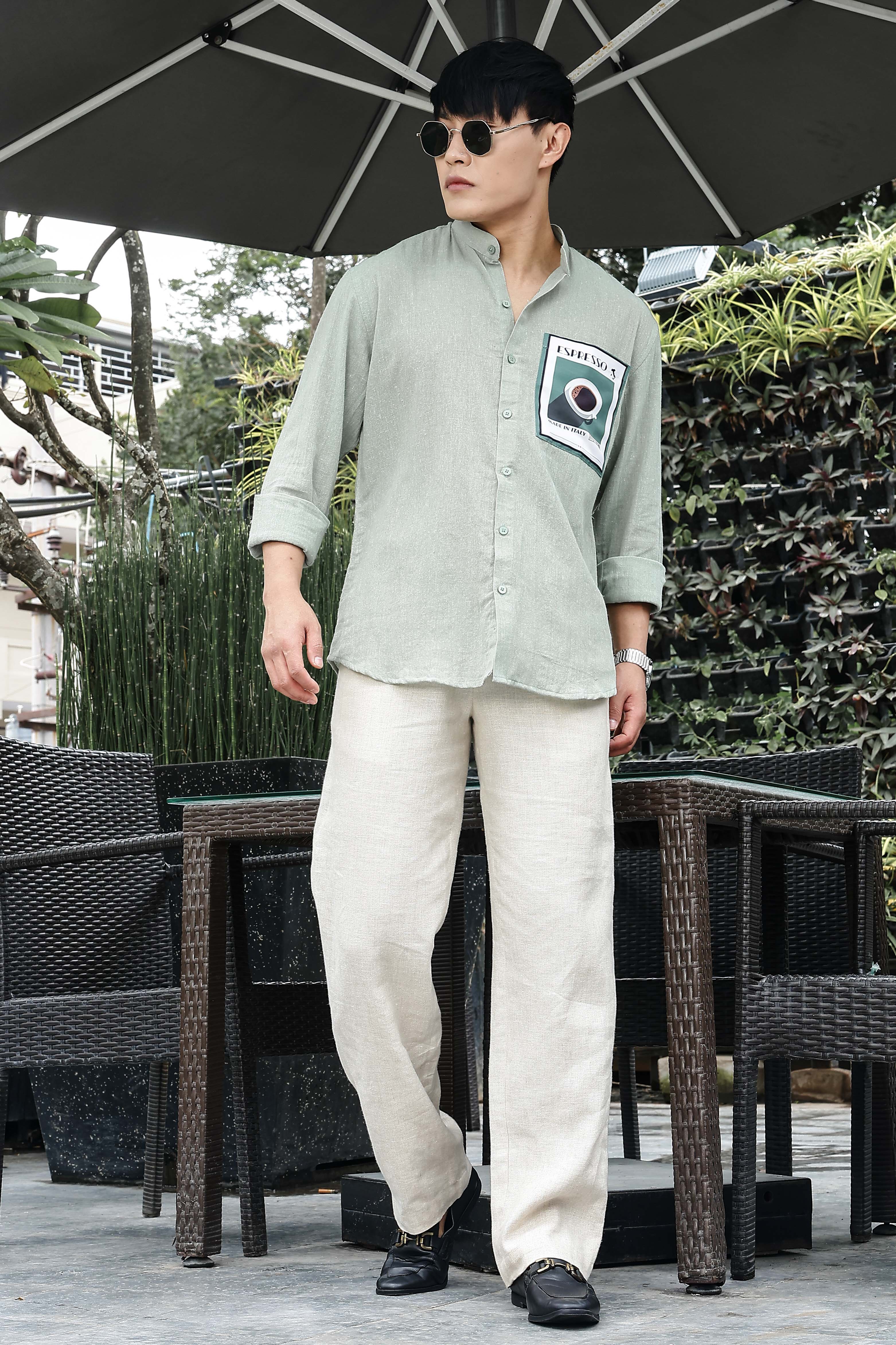 Khadi Blend Olive Green Mandarin Collar Relaxed Fit Shirt