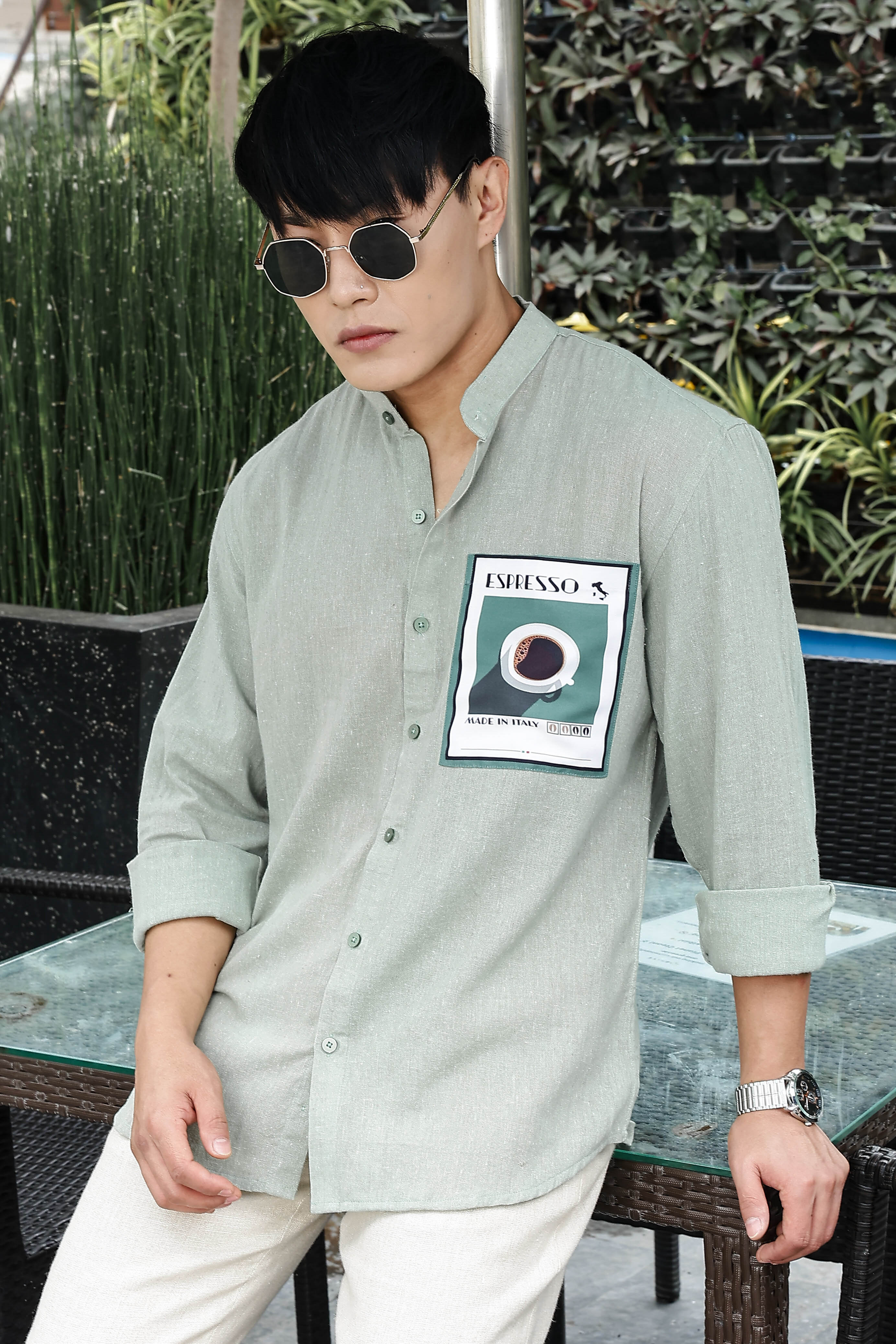 Khadi Blend Olive Green Mandarin Collar Relaxed Fit Shirt