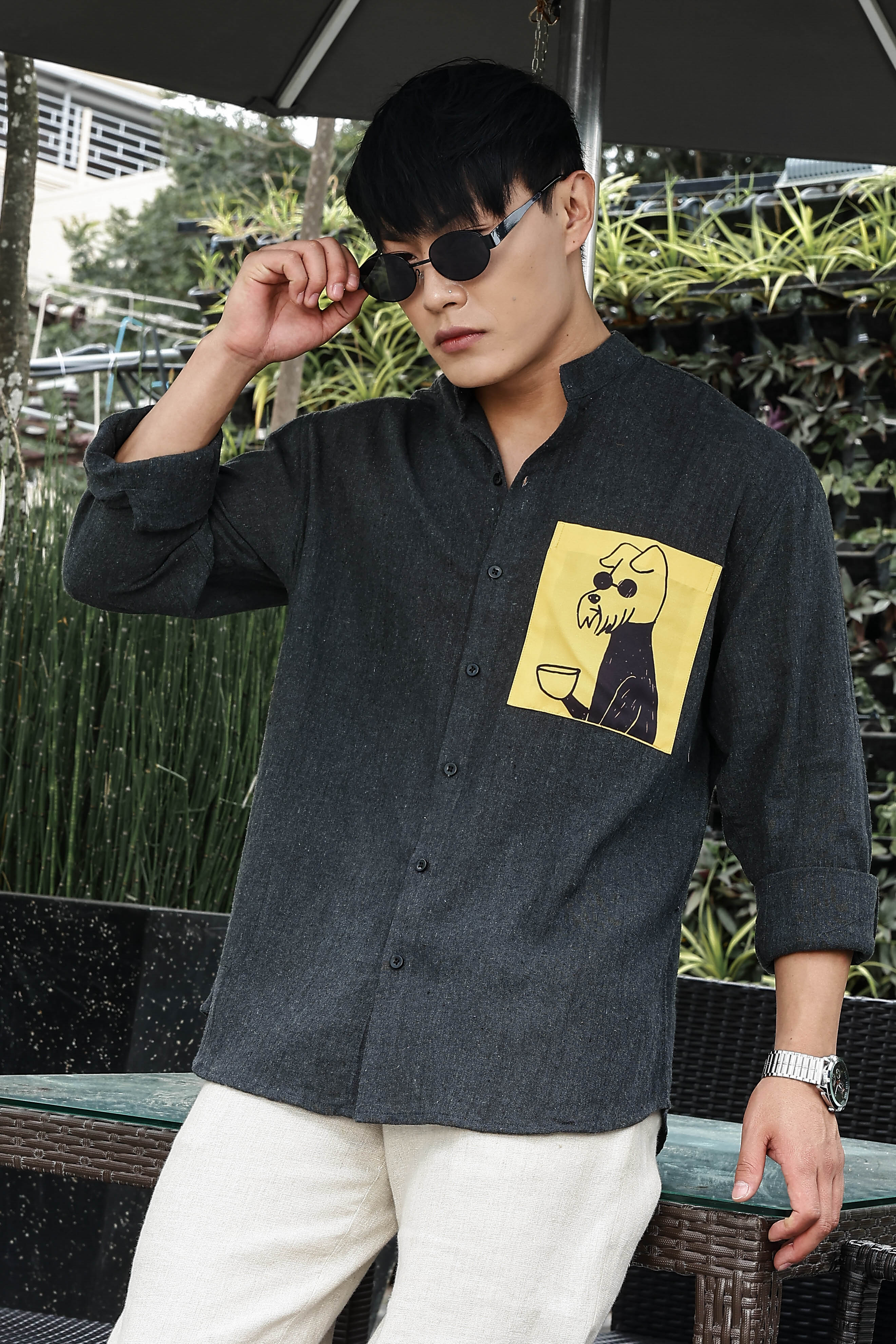 Khadi Blend Charcoal Black Mandarin Collar Relaxed Fit Shirt