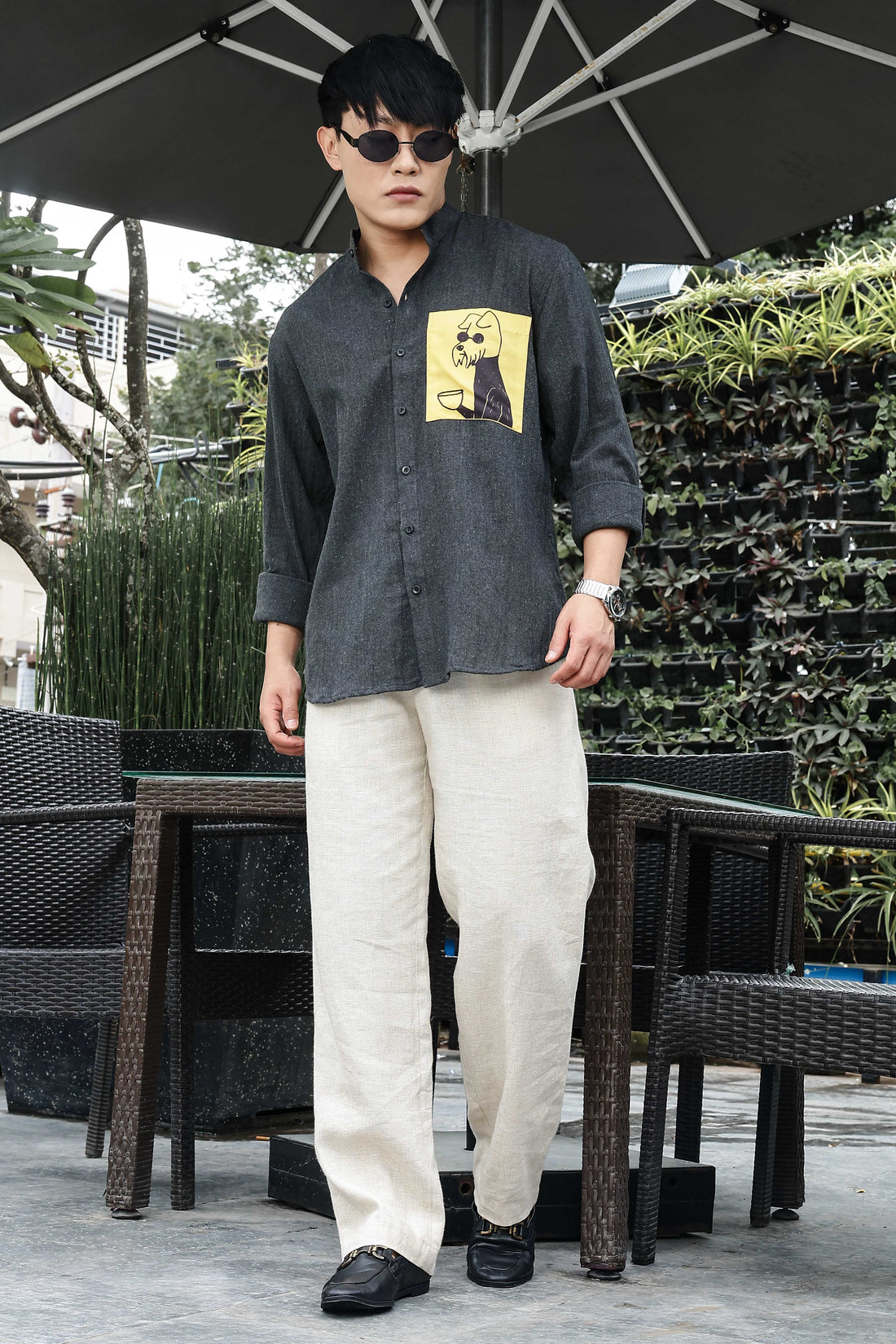 Khadi Blend Charcoal Black Mandarin Collar Relaxed Fit Shirt