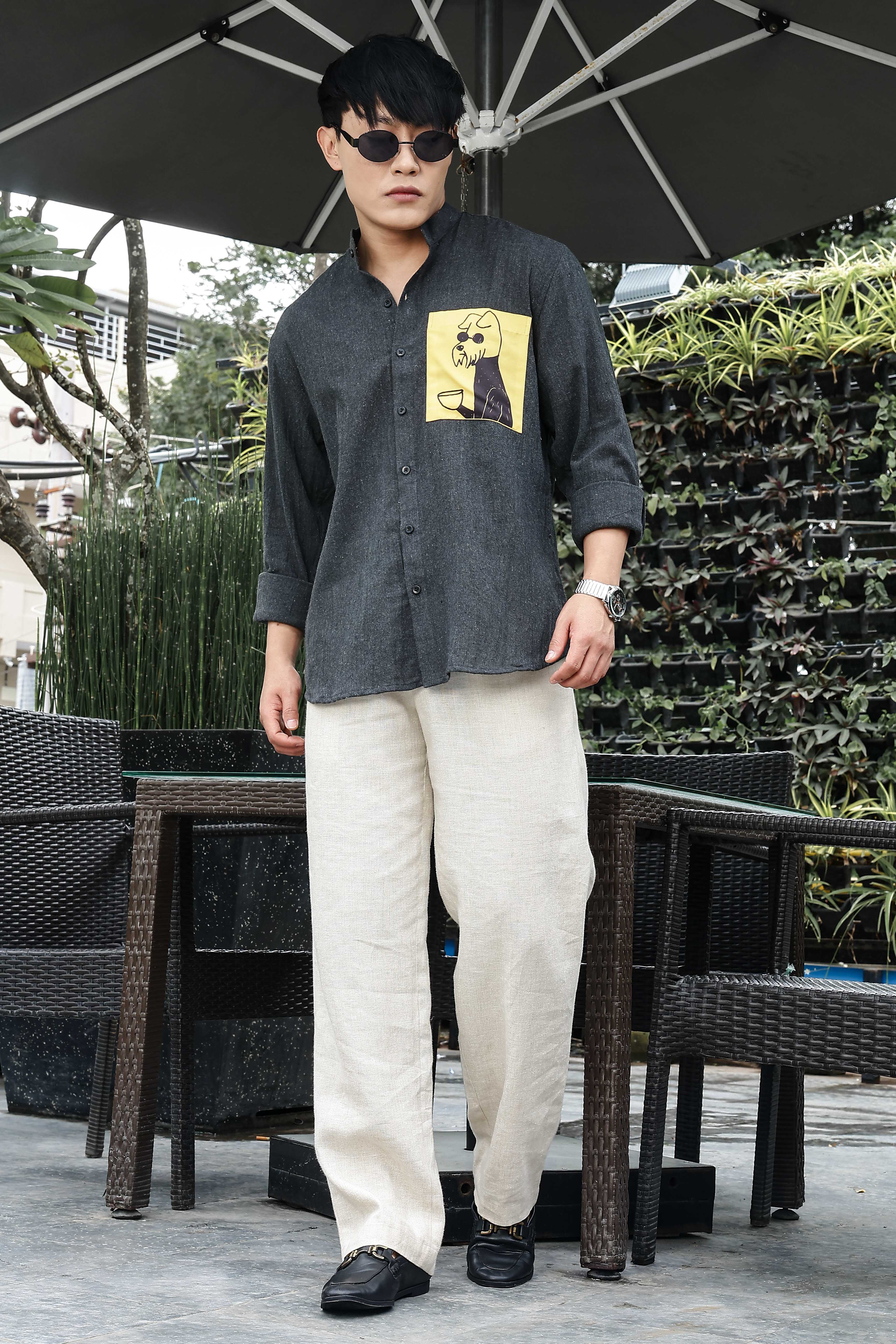 Khadi Blend Charcoal Black Mandarin Collar Relaxed Fit Shirt