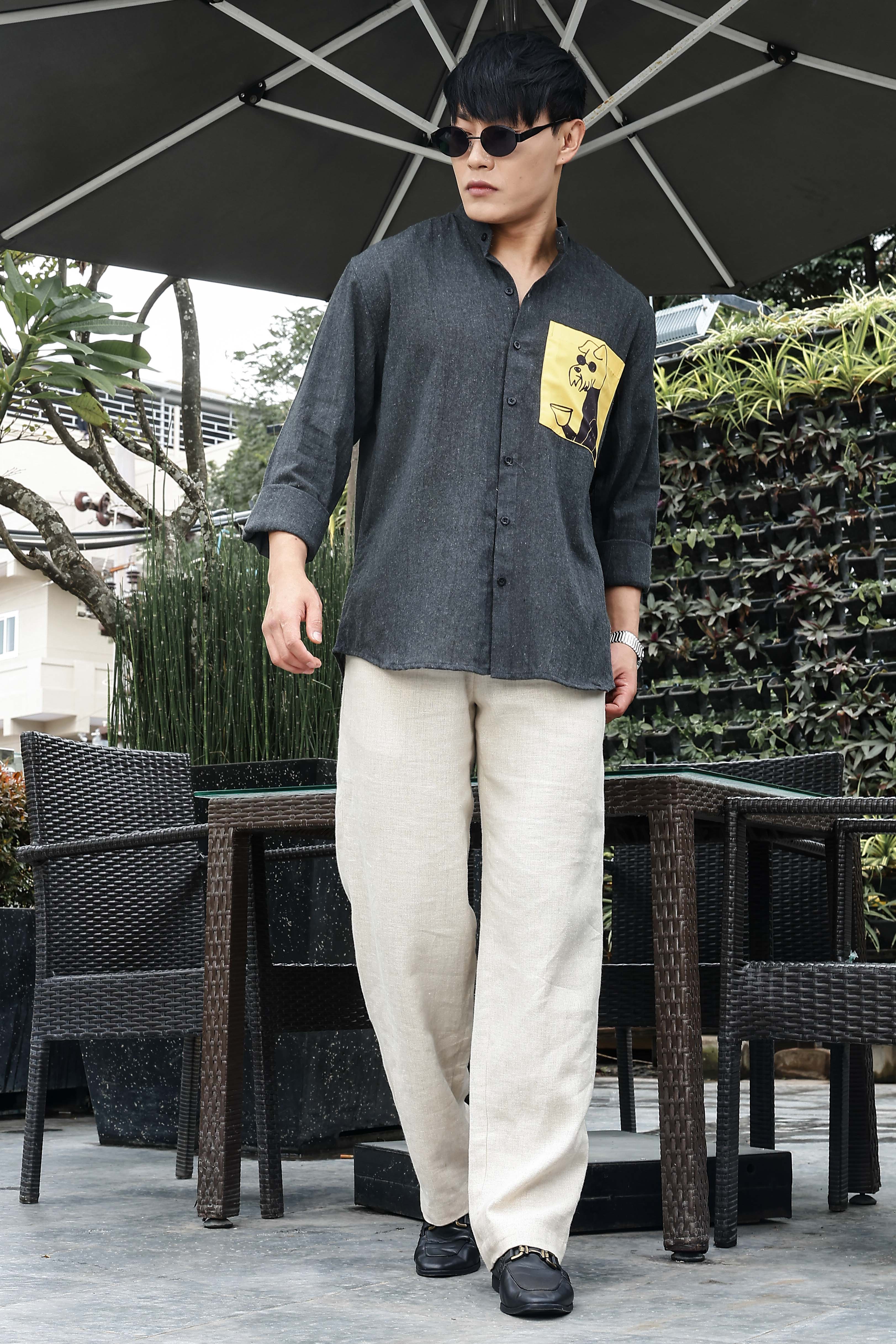 Khadi Blend Charcoal Black Mandarin Collar Relaxed Fit Shirt