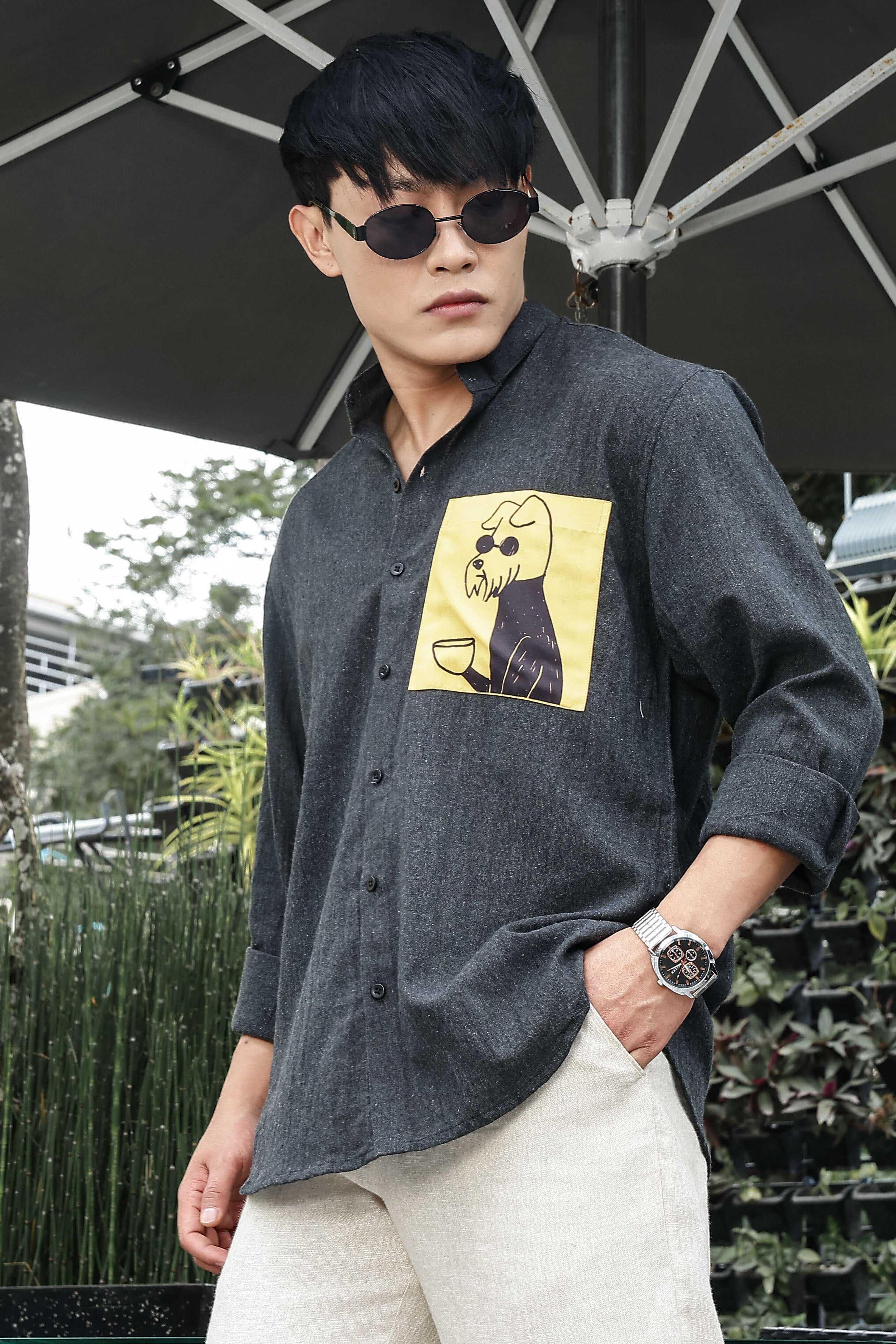 Khadi Blend Charcoal Black Mandarin Collar Relaxed Fit Shirt