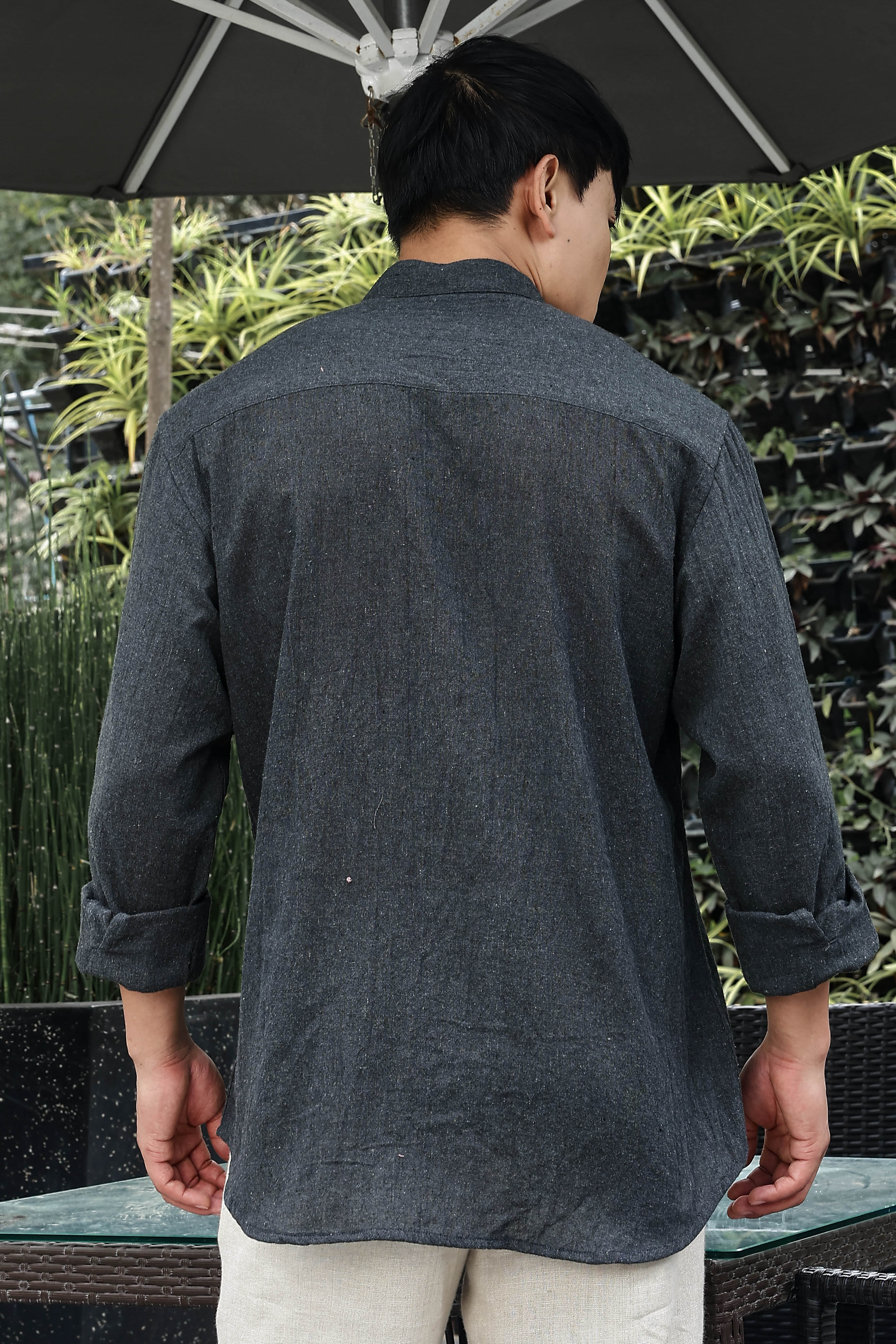 Khadi Blend Charcoal Black Mandarin Collar Relaxed Fit Shirt