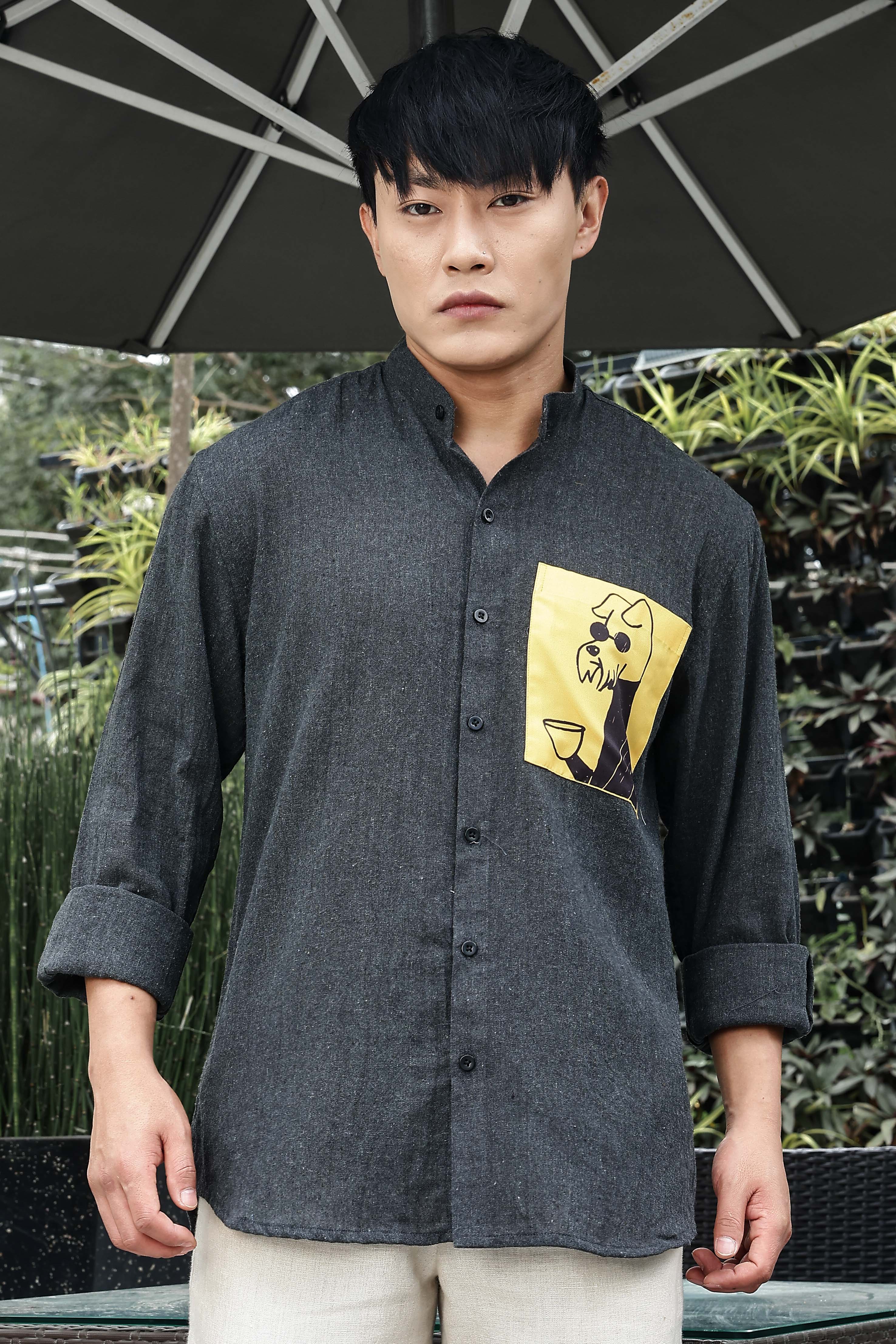 Khadi Blend Charcoal Black Mandarin Collar Relaxed Fit Shirt