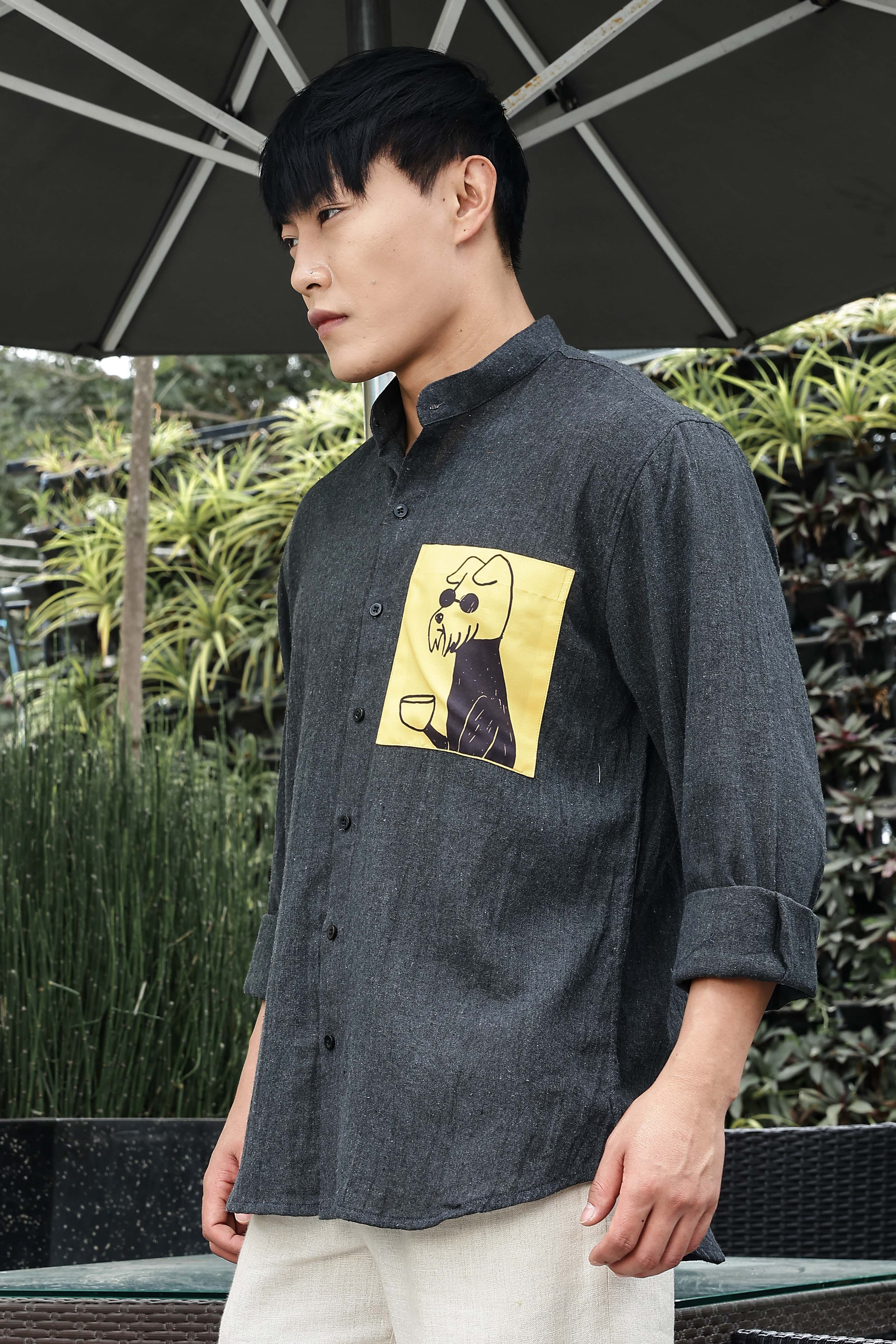 Khadi Blend Charcoal Black Mandarin Collar Relaxed Fit Shirt