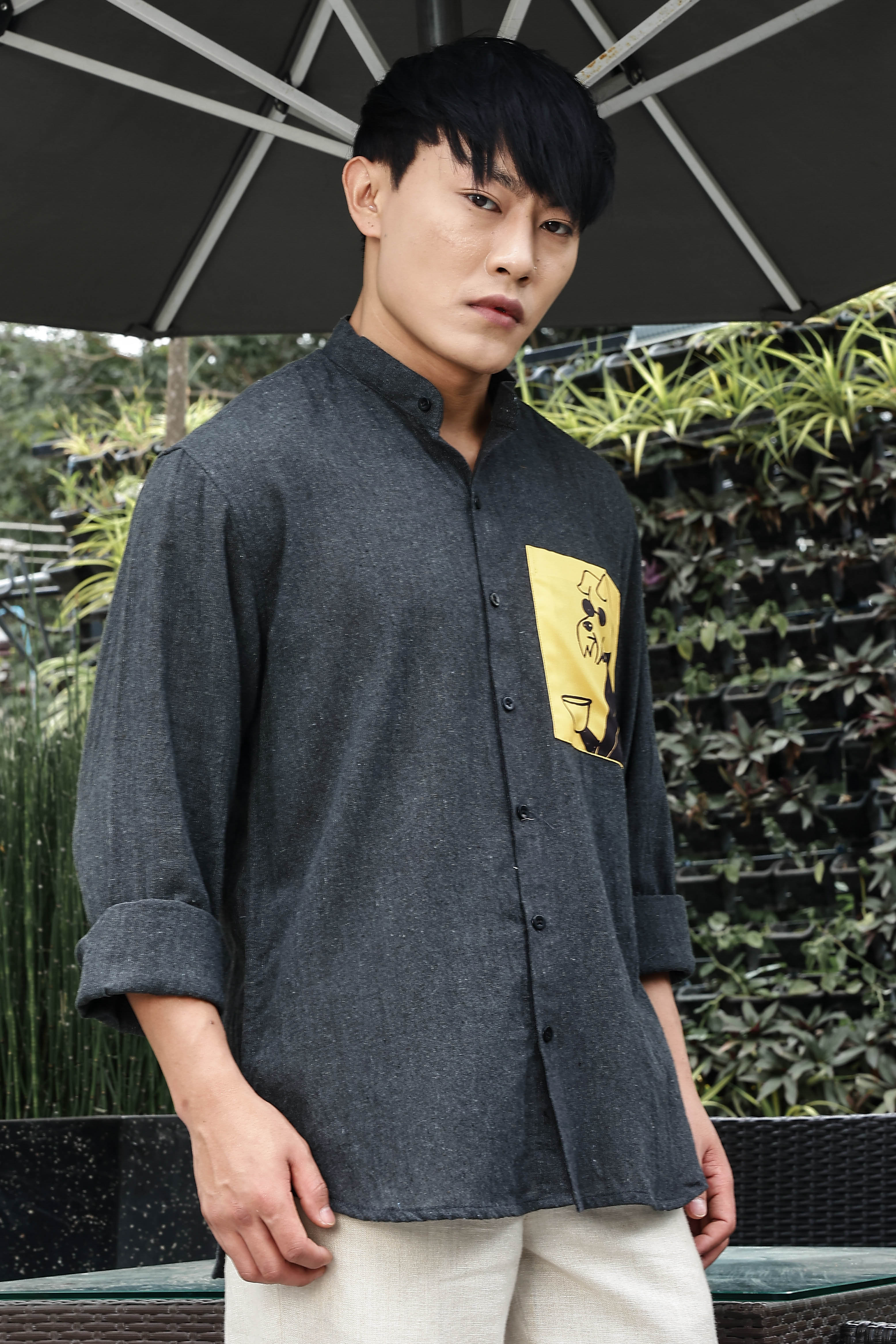 Khadi Blend Charcoal Black Mandarin Collar Relaxed Fit Shirt