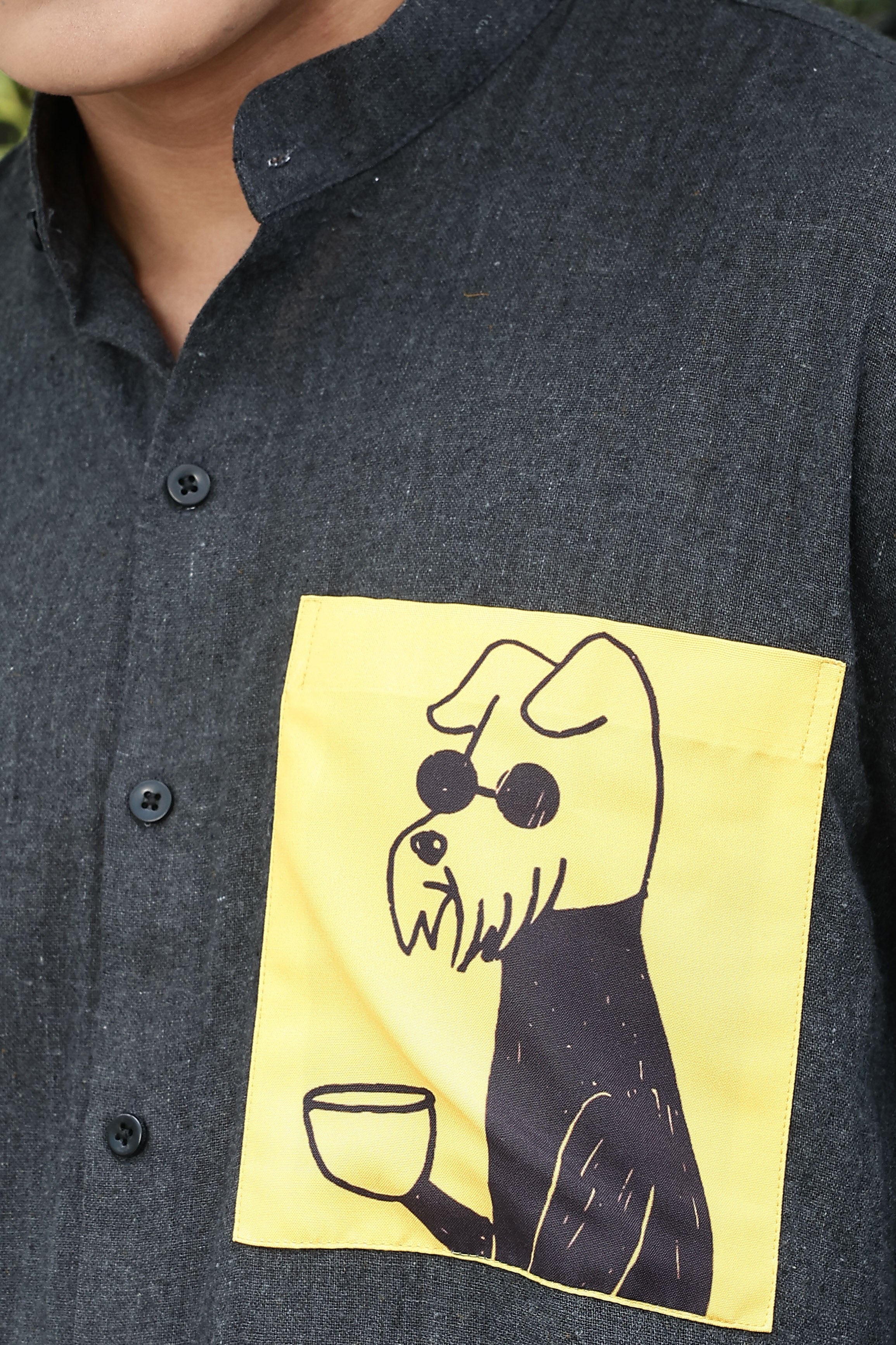 Khadi Blend Charcoal Black Mandarin Collar Relaxed Fit Shirt