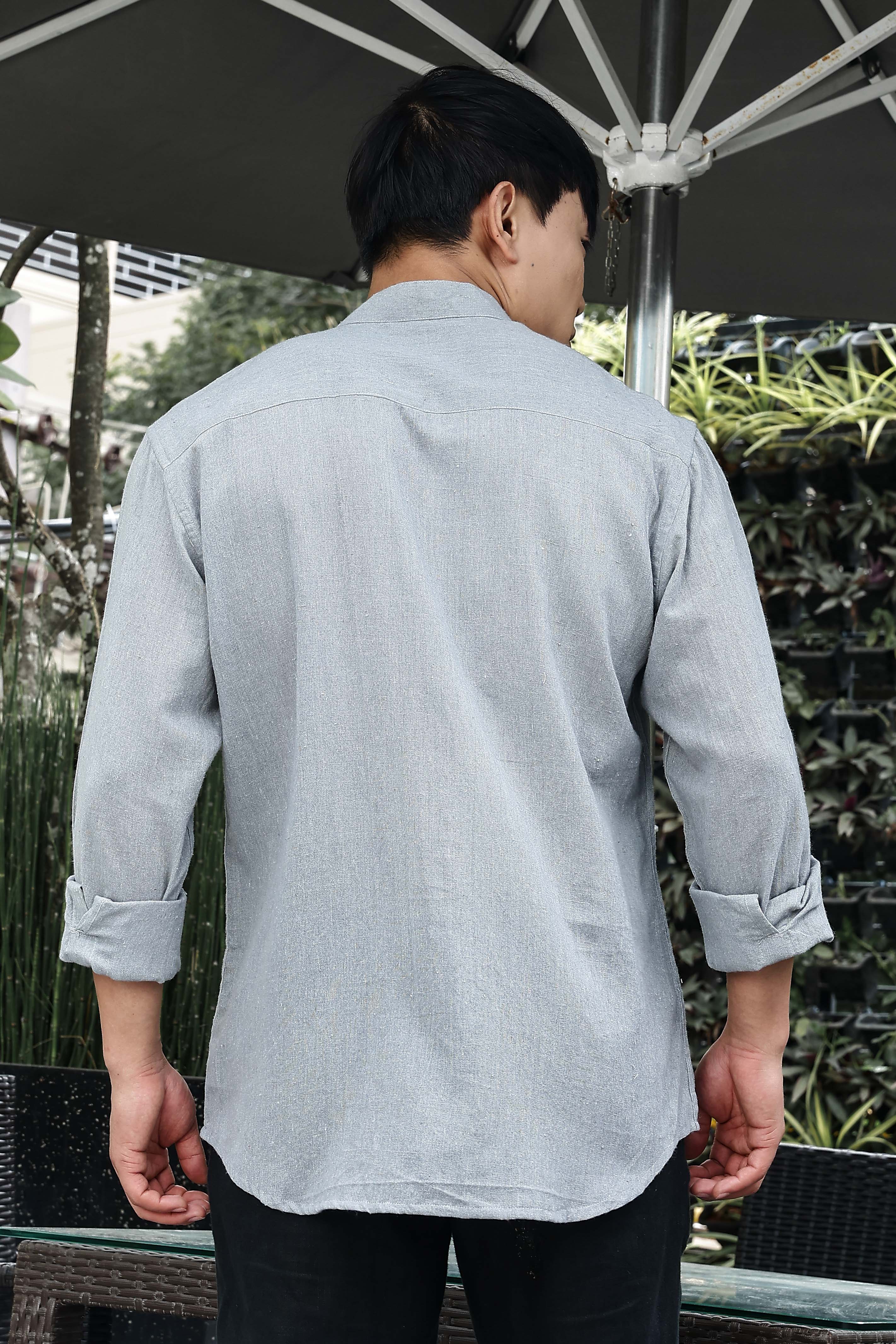 Khadi Blend Blue Mandarin Collar Relaxed Fit Shirt