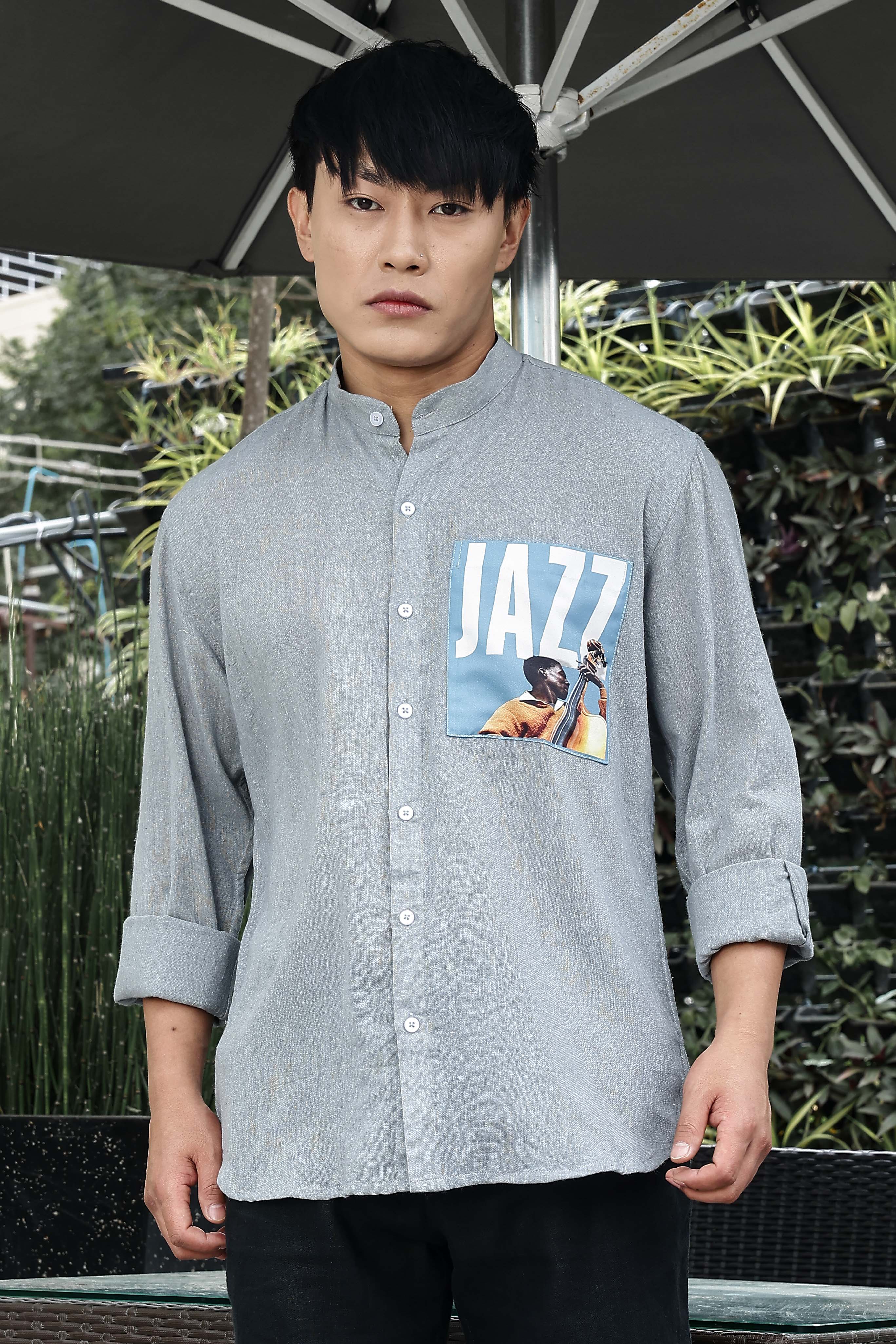 Khadi Blend Blue Mandarin Collar Relaxed Fit Shirt