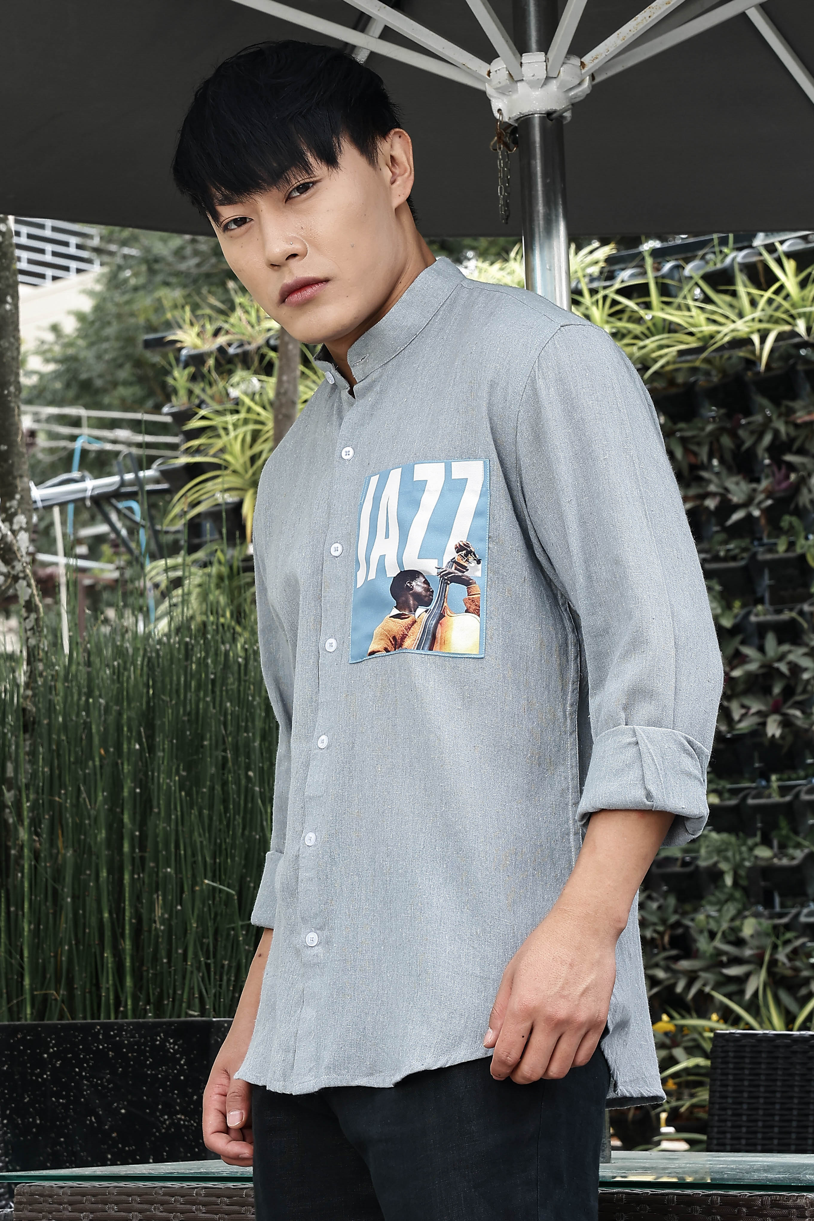 Khadi Blend Blue Mandarin Collar Relaxed Fit Shirt