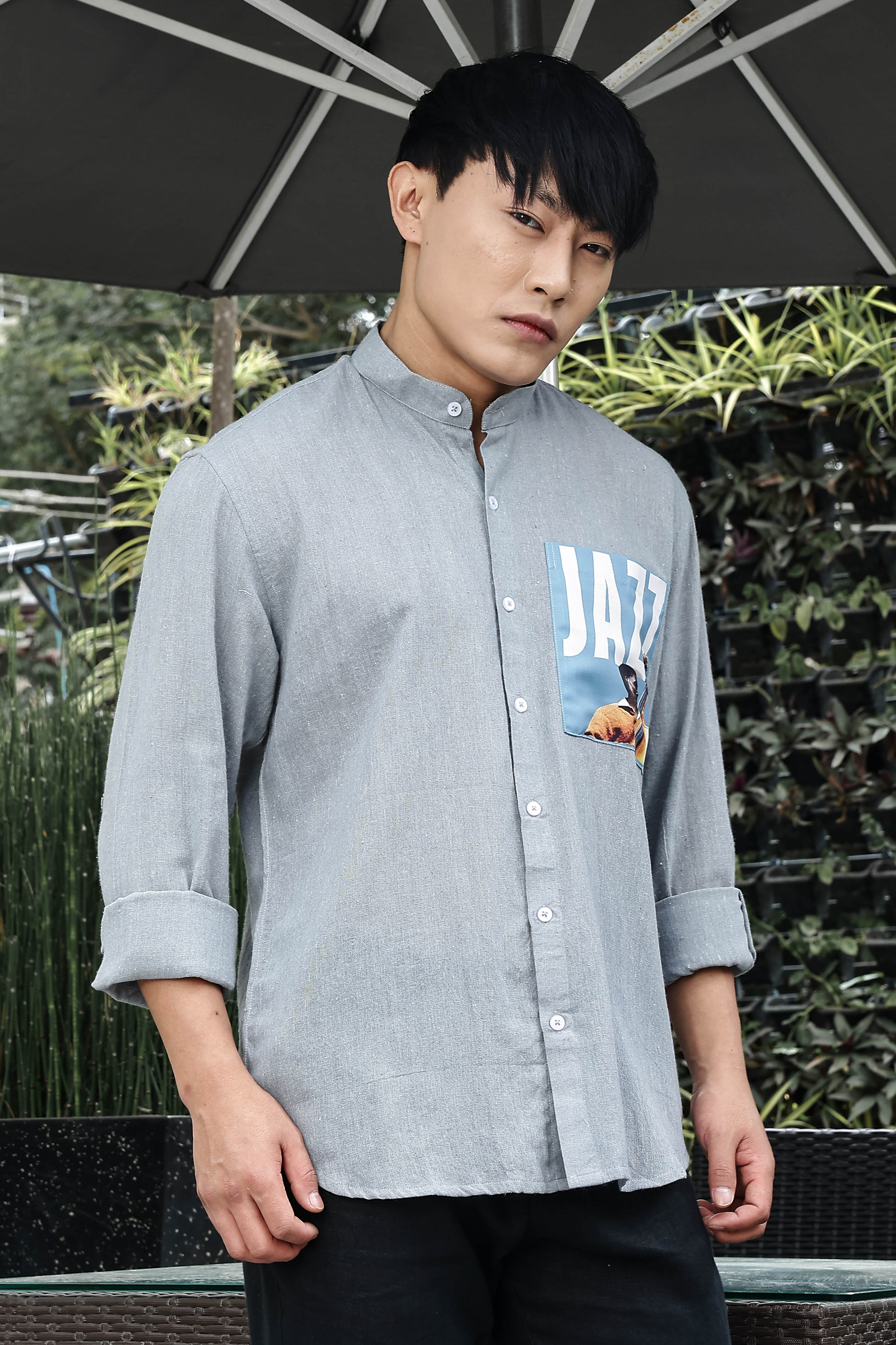 Khadi Blend Blue Mandarin Collar Relaxed Fit Shirt