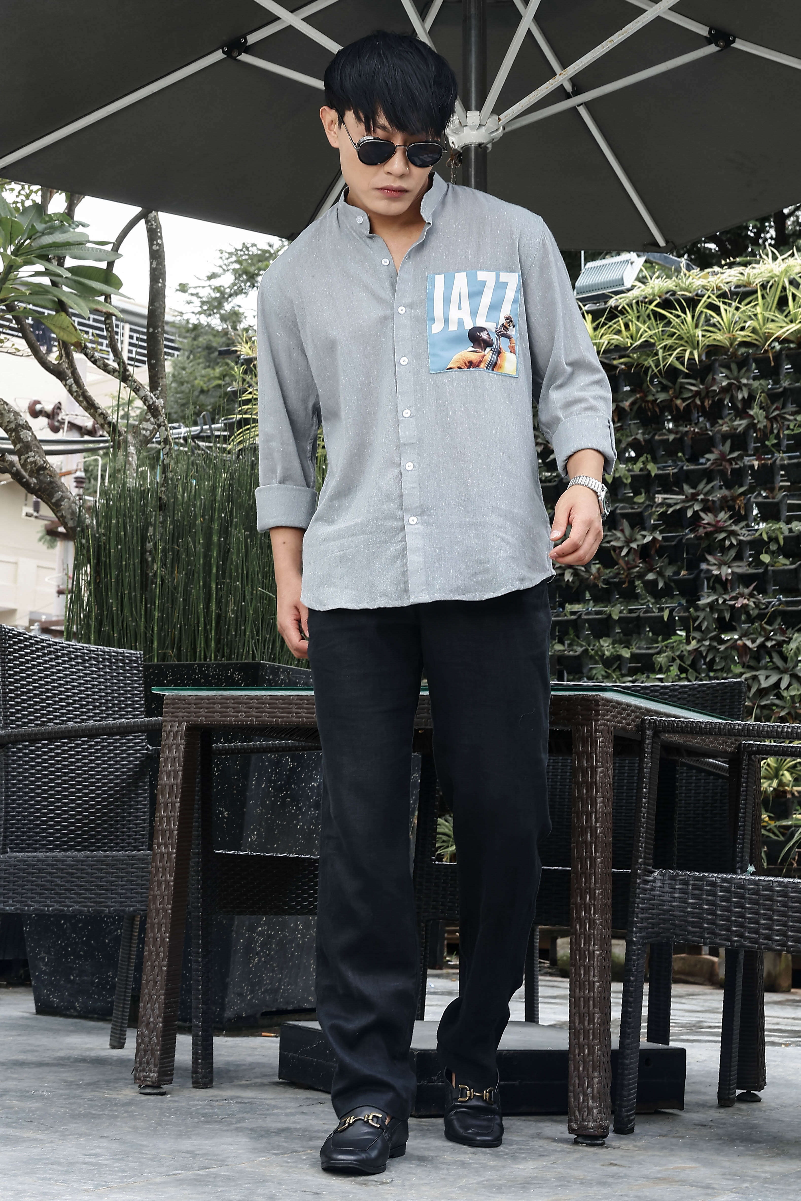 Khadi Blend Blue Mandarin Collar Relaxed Fit Shirt